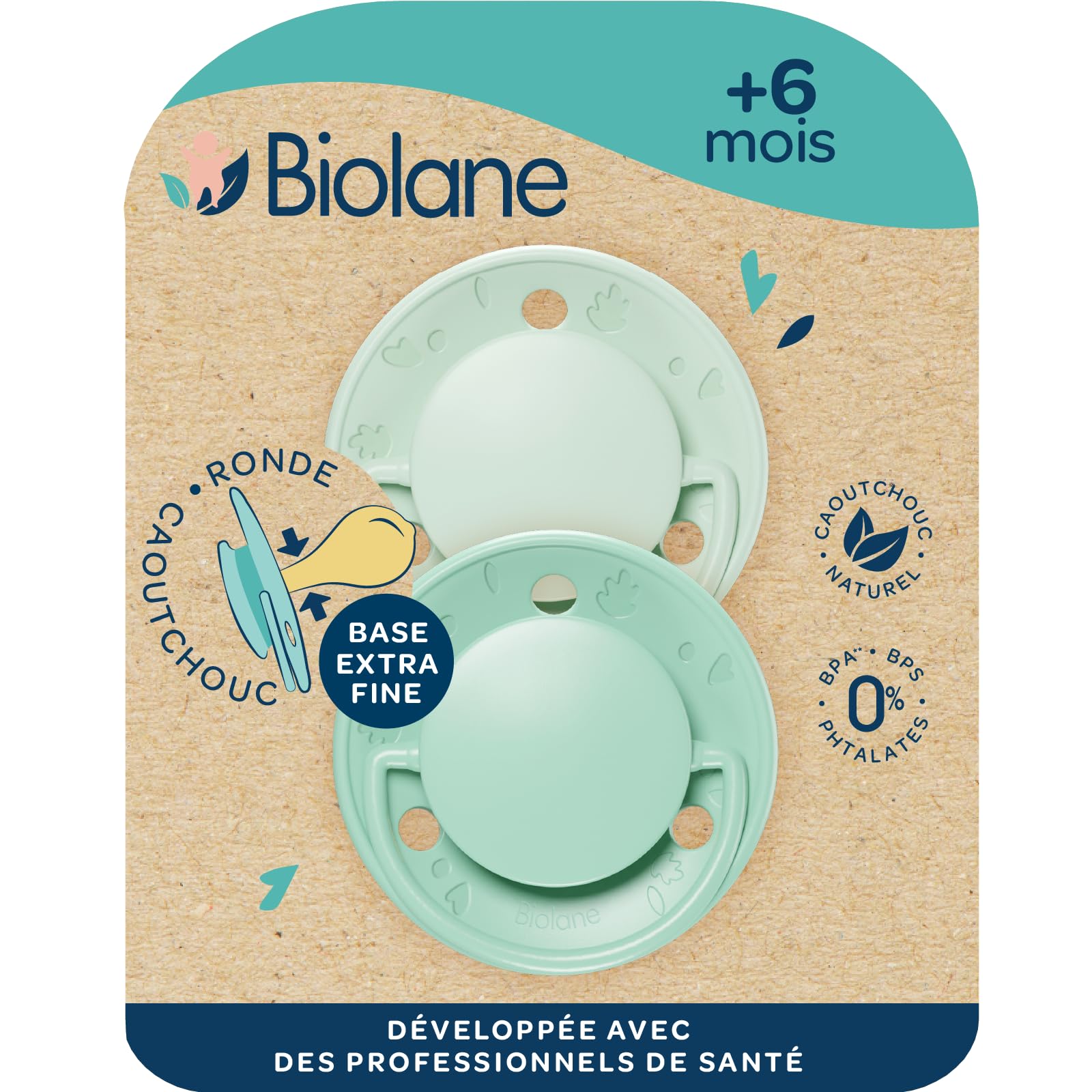 BIOLANE - Tétines rondes - Sucettes extra-​fines- 6 mois et plus - Vert bicolore - Téterelle en caoutchouc naturel - Respect du développement bucco-​dentaire- Douces et confortables