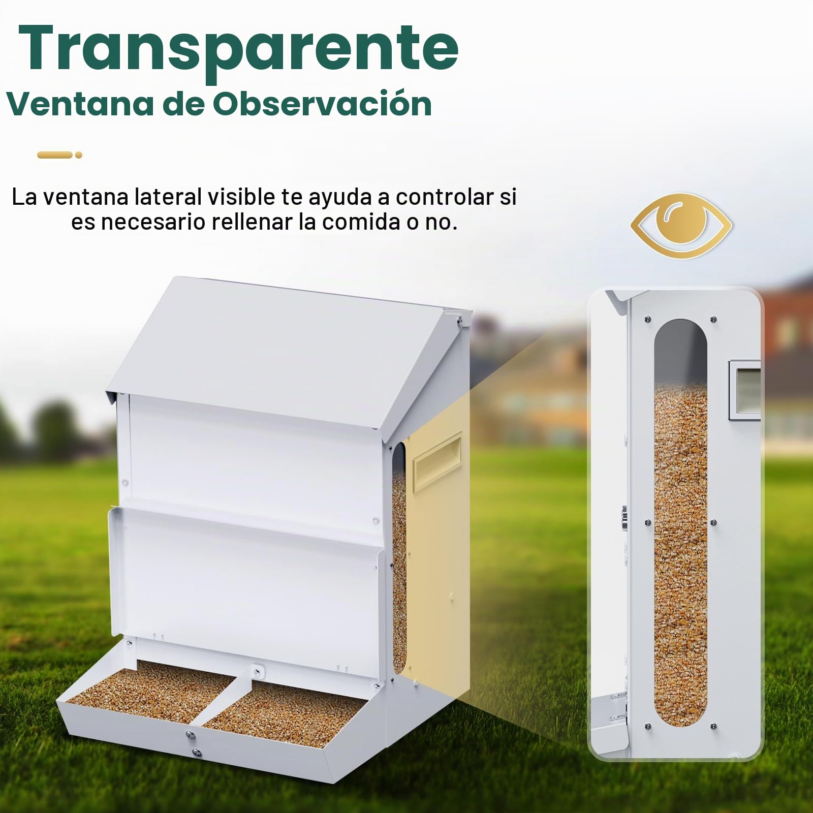 25LB Comederos Automáticos para Pollos de Acero Inoxidable Sin Residuos Alimentador Automático de Aves de Corral con Tapa Comedero Para Pollos Fácil de Limpiar