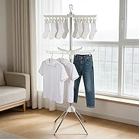 Vista 5 de Estante de secado de ropa, 68.9 pulgadas, 2 niveles, plegable, con 3 brazos giratorios para perchas y clips, de acero inoxidable, para ahorro