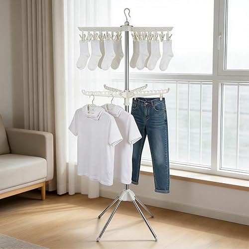 Miniatura 5 de Estante de secado de ropa, 68.9 pulgadas, 2 niveles, plegable, con 3 brazos giratorios para perchas y clips, de acero inoxidable, para ahorro de