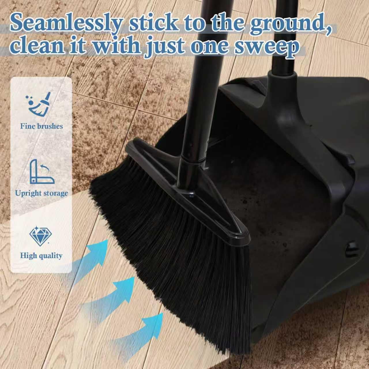 Broom and Dustpan Set with Long Handle and Wheels, Upright Standing Heavy Duty Large Dust Pan and Broom Combo for Indoor Outdoor, Kitchen, Garage, Restaurant Cleaning – Black