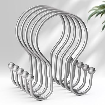 AmazerBath Silver Shower Curtain Hooks, Shower Curtain Rings, Simple Double Shower Curtain Hooks Rust Proof, Metal Smooth Glide Shower Hooks for Shower Curtain Rod, 12 Pcs Shower Rod Hooks