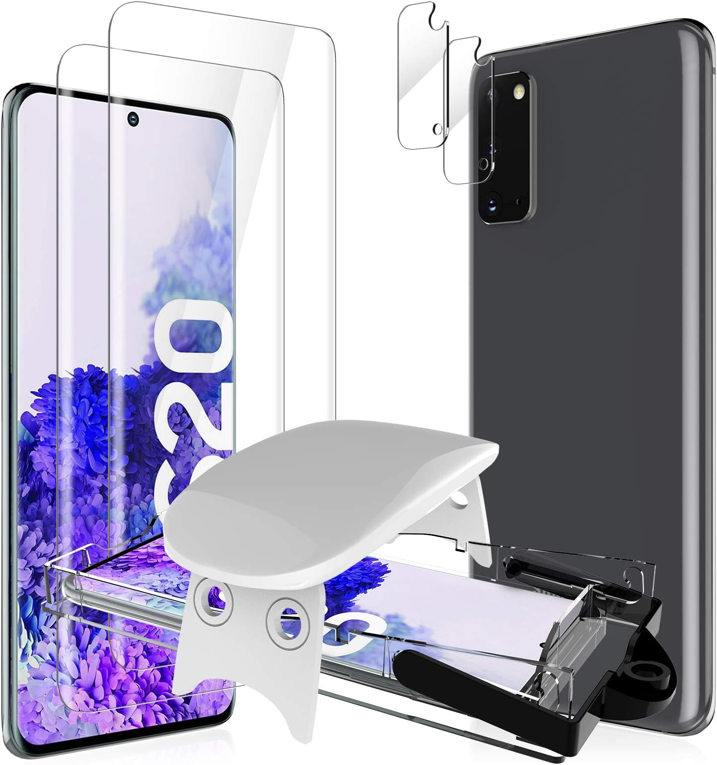 EGV 4 Pack Tempered Glass Compatible with Samsung Galaxy S20 6.2 inch Screen Protector, 2psc Protective Film and 2pcs Camera Lens Protector, Fingerprint Sensor Compatible, Easy Installation Tool