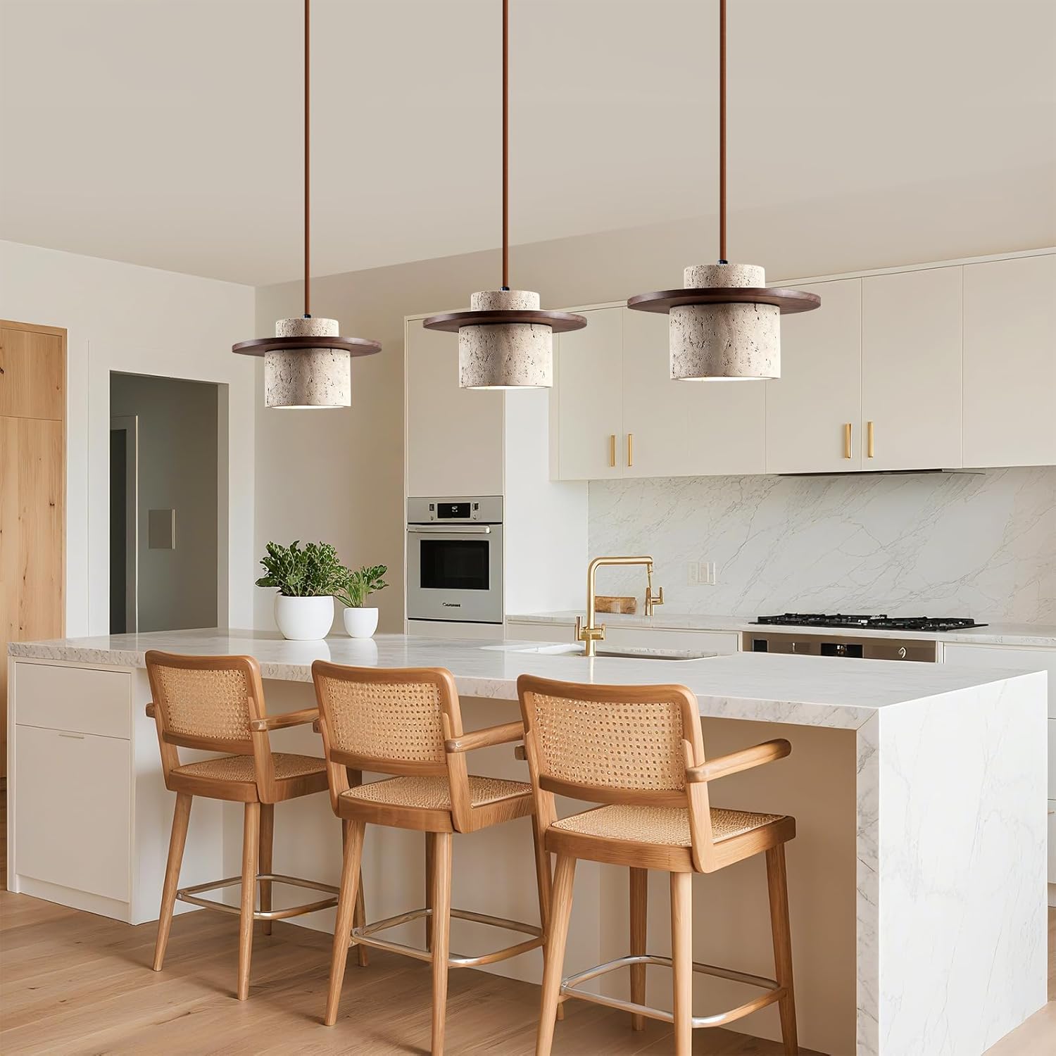 Japanese Wabi sabi Pendant Light with Natural Stone Shade, Dimmable Modern Wood Hanging Lamp Fixture, Adjustable Height Pendant Lamp for Bedroom, Kitchen Island, Dining Room, Restaurant, Cafe, Bar (C)