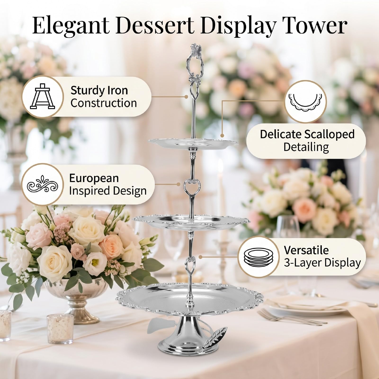 Elegante Soporte para Cupcakes de 3 Niveles para Fiesta de Bodas, | Construcción de Hierro Resistente,Bandeja para Servir con Patrón Floral de Borde Festoneado,Torre de Exhibición para Cenas