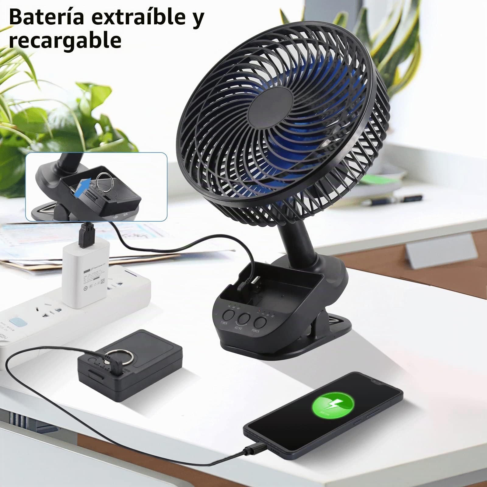 ATEngeus Ventilador USB 4 en 1, 8'' Pinza Ventiladores, 10000 mAh Recargable Batería Ventilador, 5 Velocidades Camping Ventilador, Rotación automática de 45°/90°, Temporizador, con clip y gancho