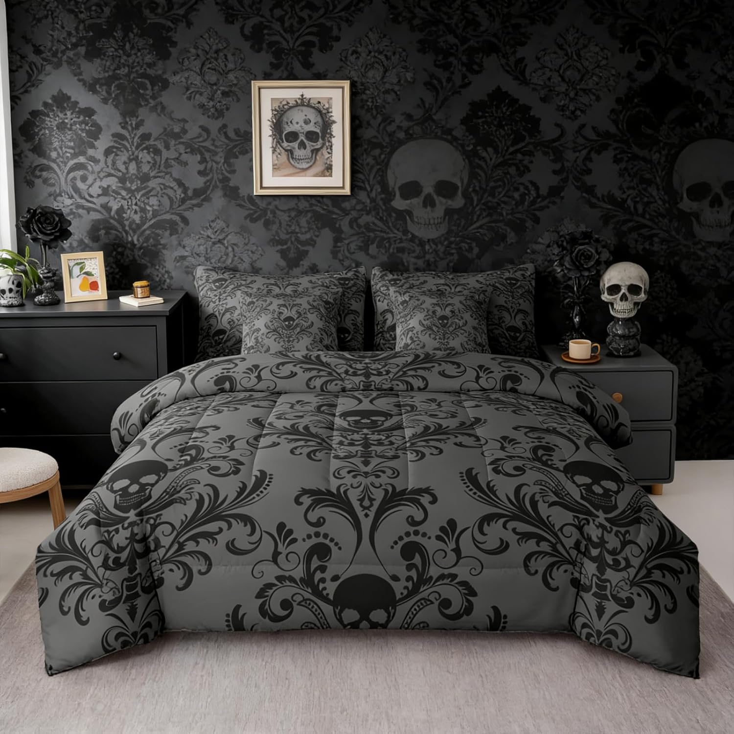 Erosebridal Gothic Damask Bed in a Bag King Size Comforter Set 7 Pieces,Sugar Skull Bedding Sets Black Grey Victorian Floral Goth Sheet Set with Comforter