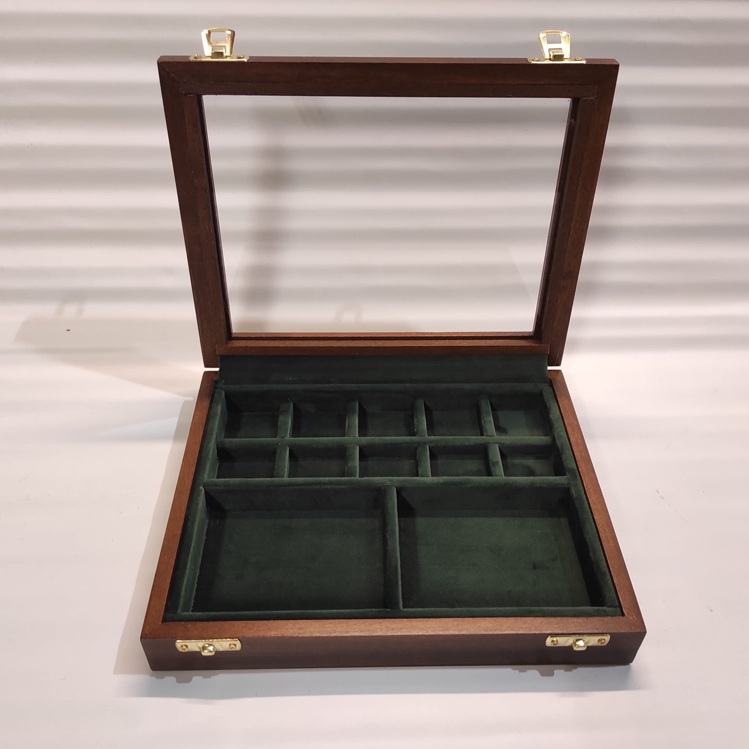 Expositor de Madera y Cristal para Monedas, fósiles y Conchas, 12 Compartimentos, Caja coleccionista Artesanal Hecha a Mano, numerada, con Certificado de autenticidad