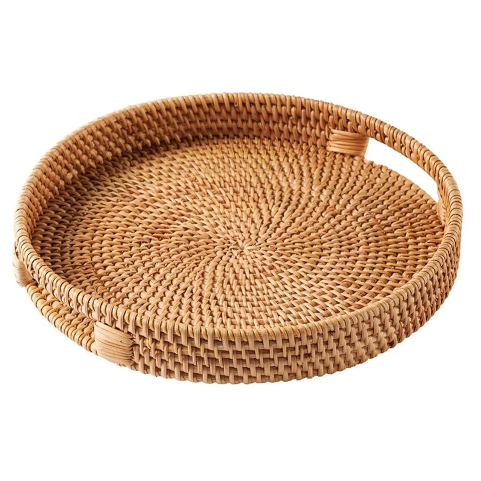 Rattan Serving Tray 30Cm, Woven Trays With Handles For Home,Round Dining Table,Wicker Basket for Home