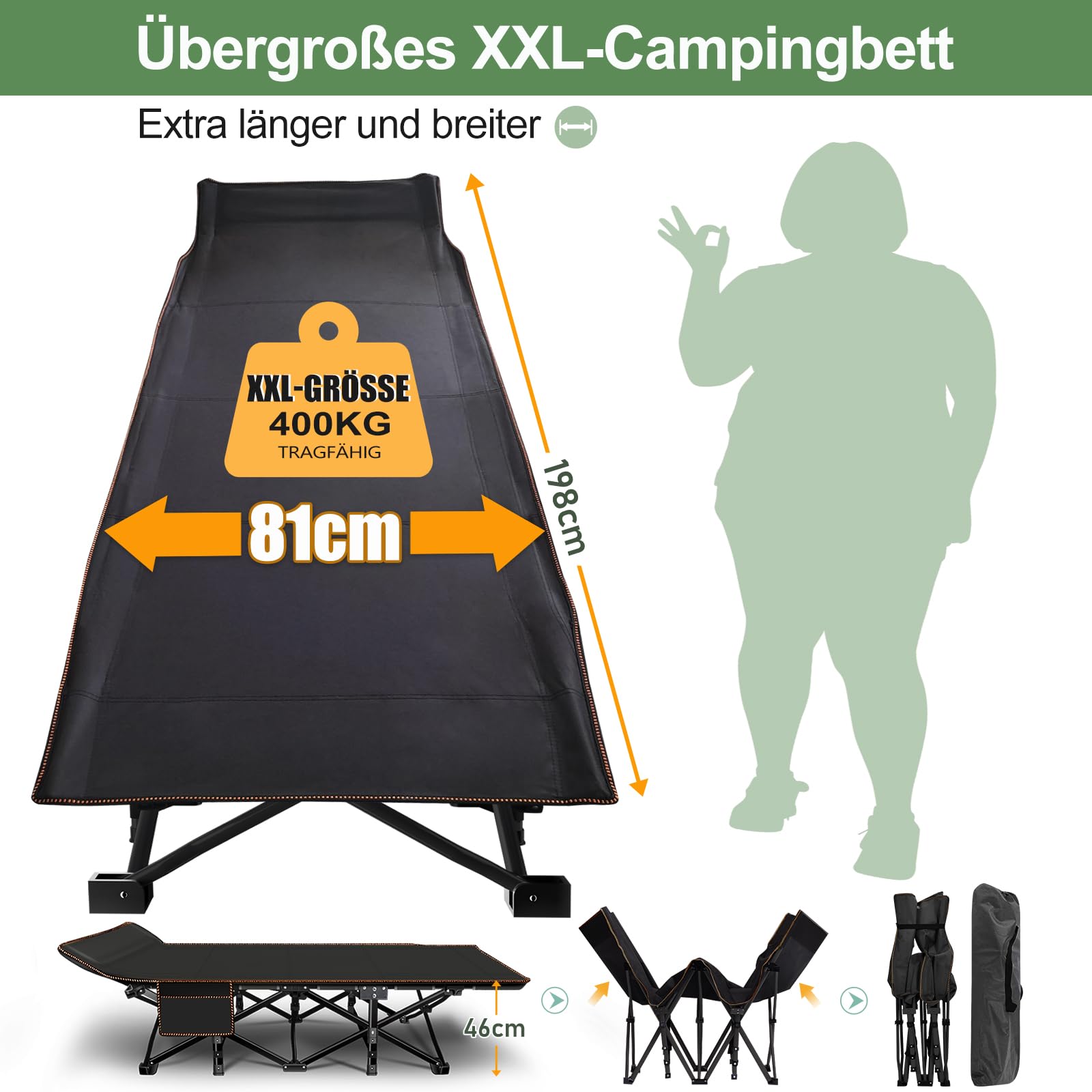 Letto pieghevole oversize con materasso – 46 cm di larghezza, 400 kg telaio in acciaio resistente e tessuto Oxford, 198 x 81 x 46 cm, ideale per adulti, giardino e viaggi (XXL grigio)