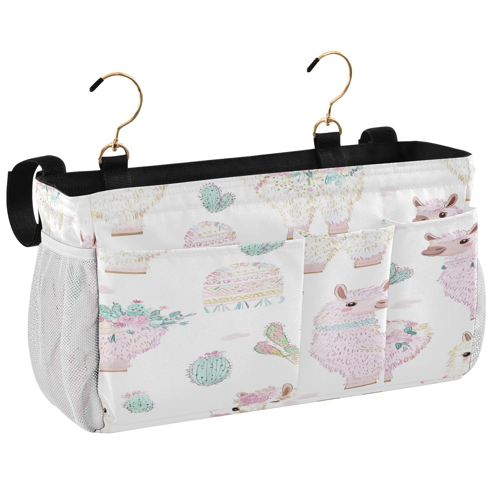 BOESI Doodle Cute Alpaca & Cactus Pattern Bedside Storage Hanging Bag, Hanging Storage Basket, Suitable for Storing Cell Phones, Water Bottles, Books
