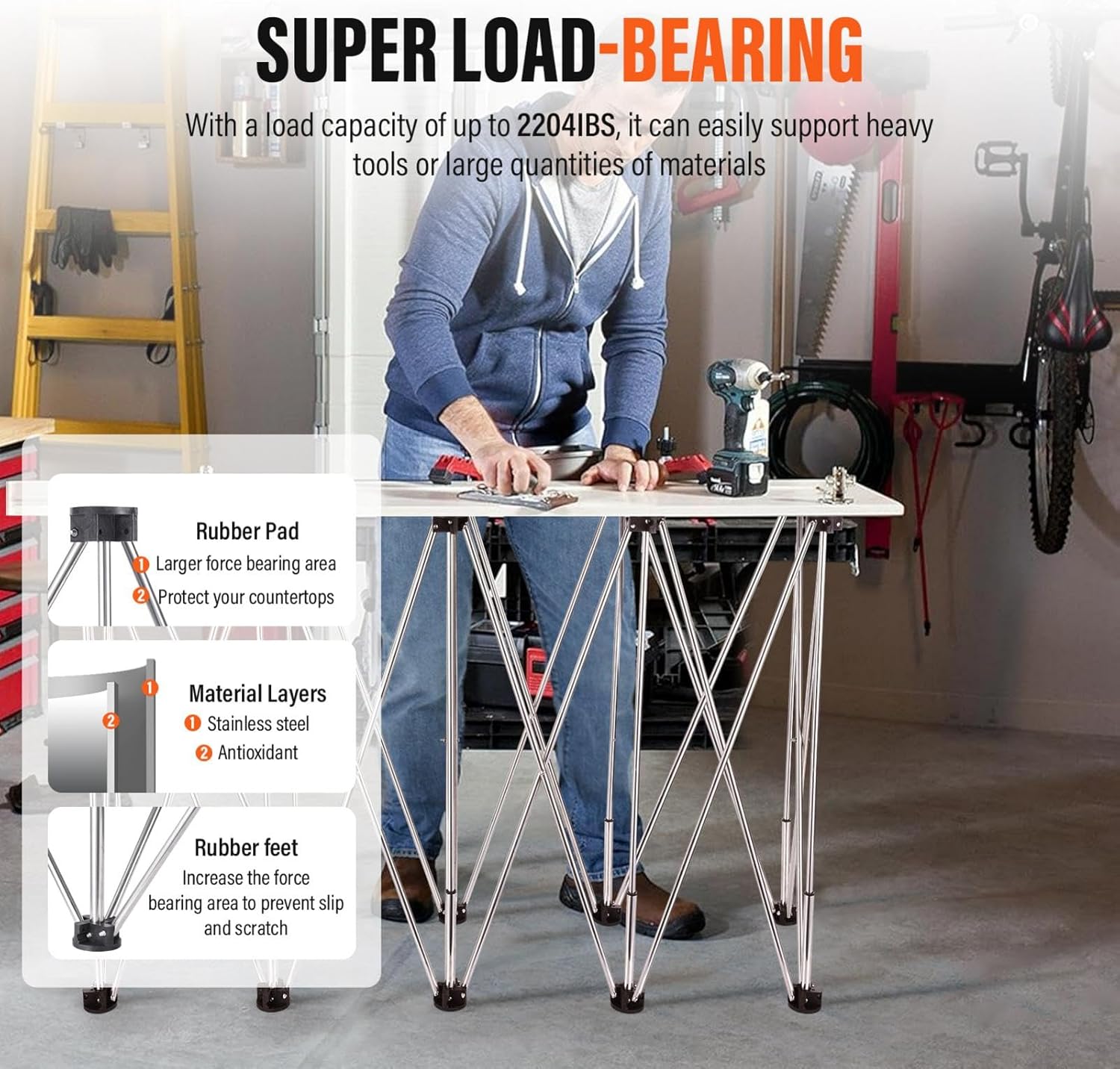 Foldable Work Table - 10 Legs Garage Workbench,Portable Worktable Holder with Carry Bag, Folding Stand with 2204.6Lbs Load Capacity for Garage