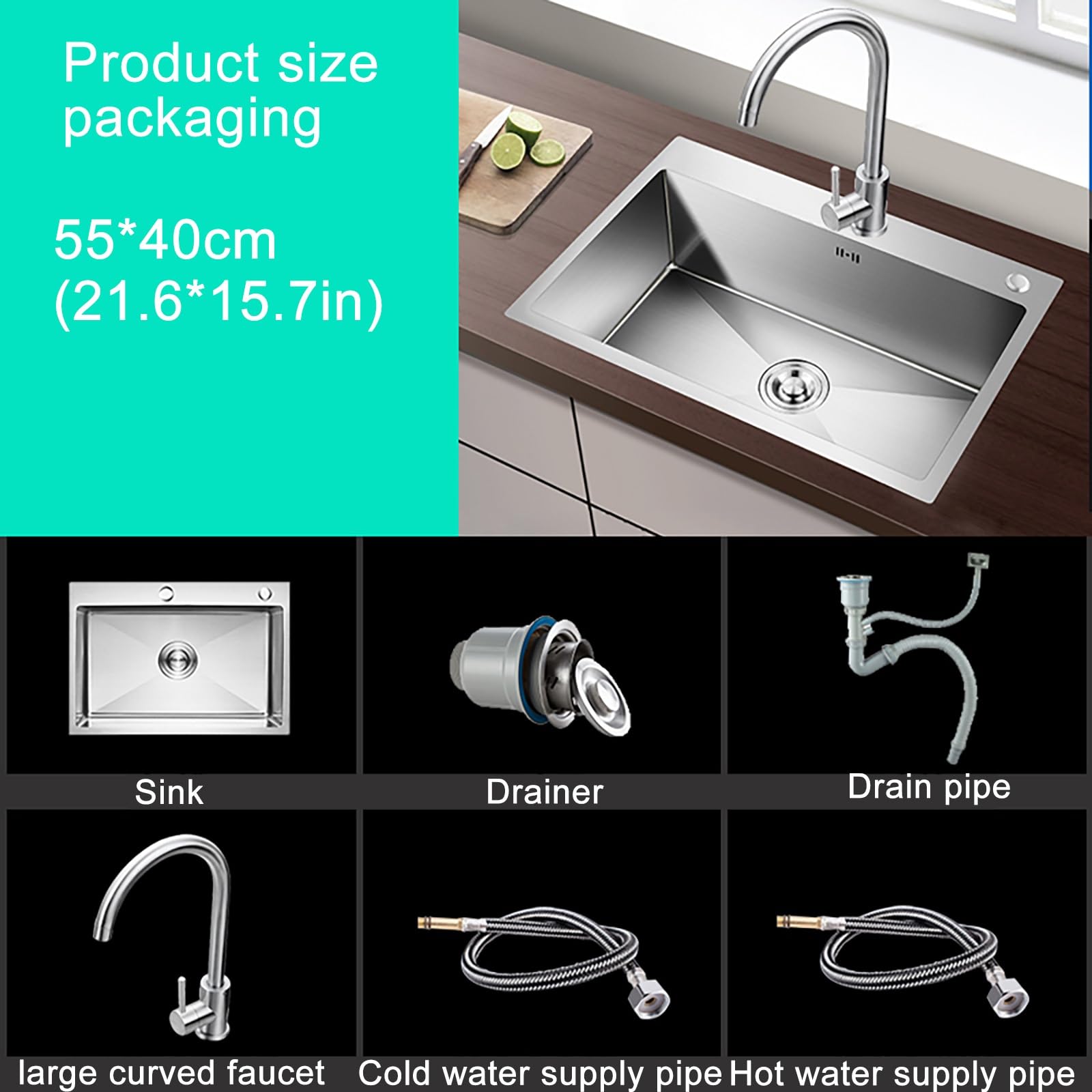 Fregadero De Cocina De Acero Inoxidable De Un Solo Cuenco, Juego De Fregadero De Cocina Fregadero Individual Grande Fregadero De Cocina Empotrable Con Grifo(55 * 40cm(21.6 * 15.7in))