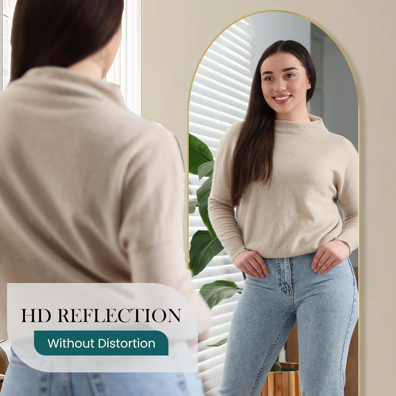 DUMOS Arched Full Length Mirror with Stand Floor Standing Aluminum Frame for Bedroom Body Hanging Leaning Modern Simple Home Decor Shatter-Proorf Nano Glass Wall Living Room Cloakroom Gold 59.1"x15.8" - Image 2