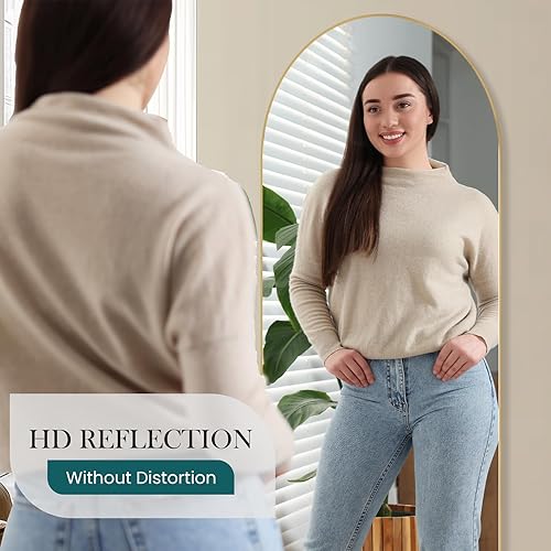 Miniatura 2 de DUMOS - Espejo arqueado de longitud completa con soporte de pie, marco de aluminio para dormitorio, para colgar o apoyar contra la pared, decoración