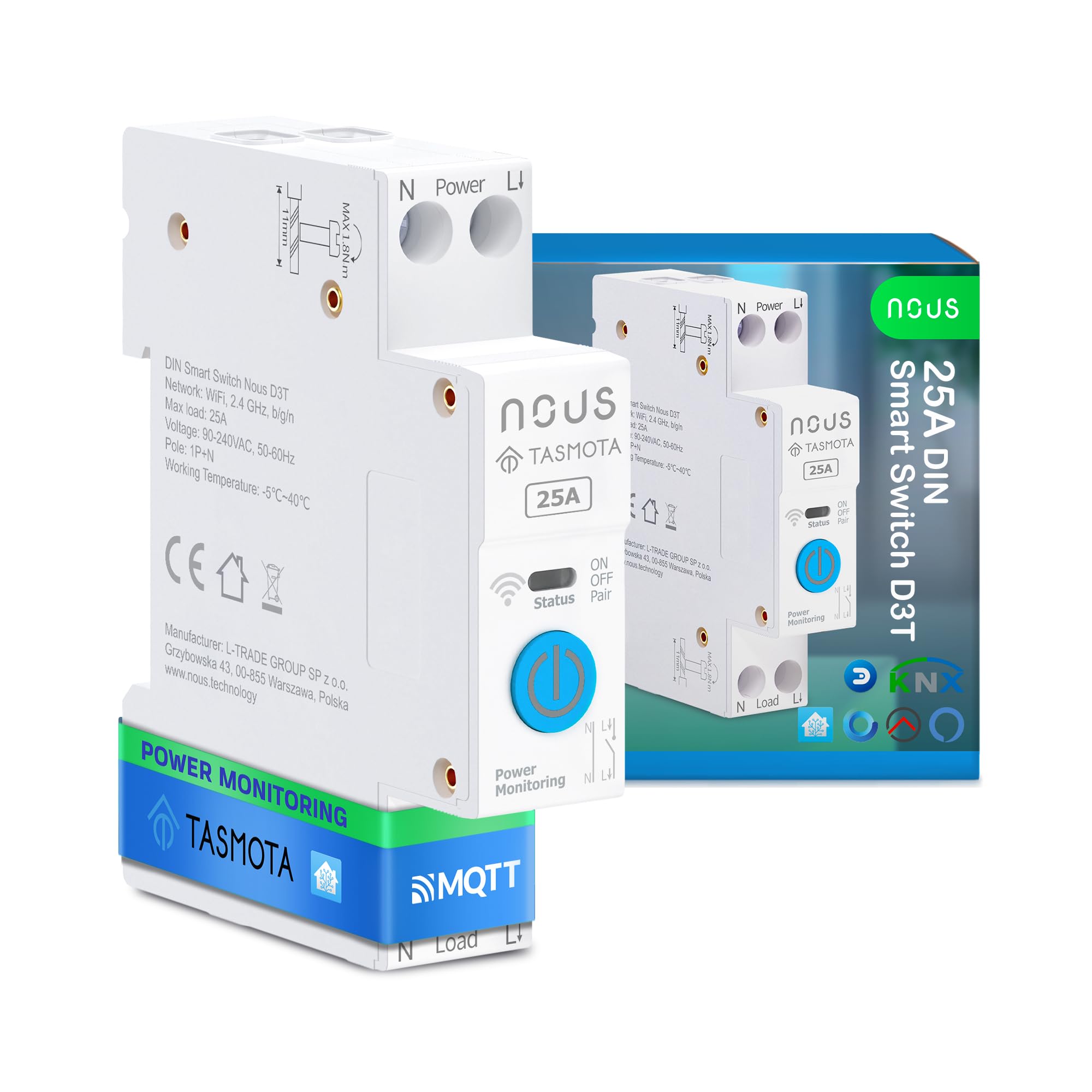Nous Inteligentny przełącznik DIN 25 A z Tasmota (ESP32), monitorowanie energii, kompatybilny z MQTT, Home Assistant, Matter, sterowanie głosem za pomocą Alexa, Google Assistant