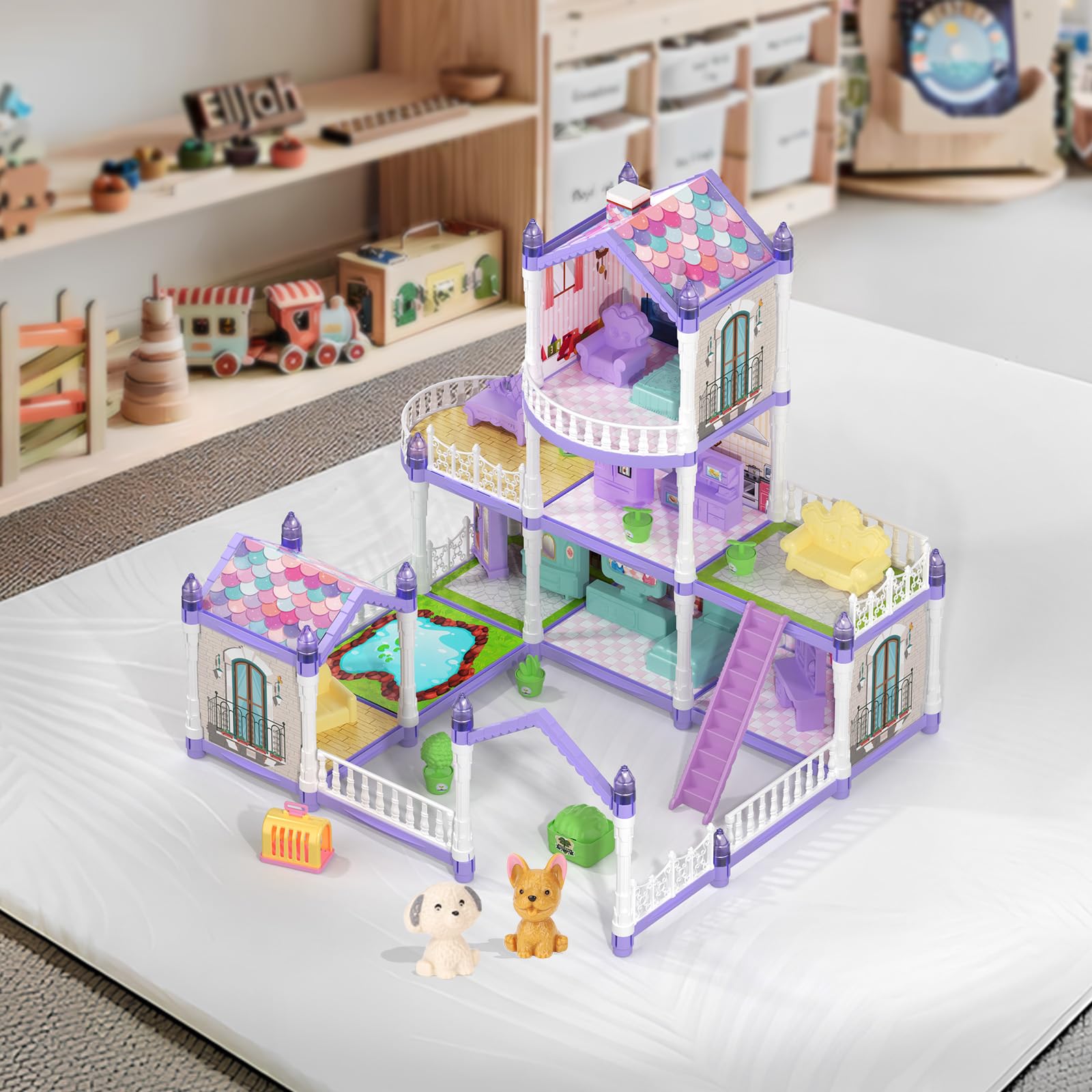 Juego de casa de muñecas de princesa, casa de muñecas morado lila con 9 habitaciones en 3 pisos, incluye 2 muñecas, 2 mascotas, 12 muebles y otros accesorios, regalo perfecto para niñas casa de