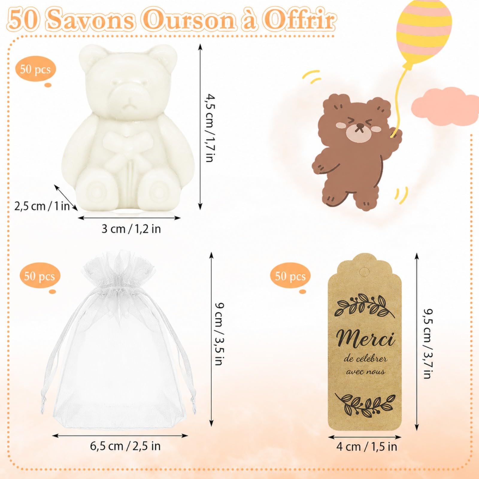 Lot de 50 Savons Ourson pour Baby Shower - Cadeau Invité Naissance, Baptême, Gender Reveal - Mini Savons en Forme d'Ours Blanc Parfumés avec Cartes de Remerciement et Sachets