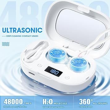Portable Contact Lens Cleaner with Blue Light,LXIANGN Rechargeable Contact Lens Cleaner with Mirror, 3 Timing Modes for Disposal Soft Lens, Hard Lens, Contact Lens (White)
