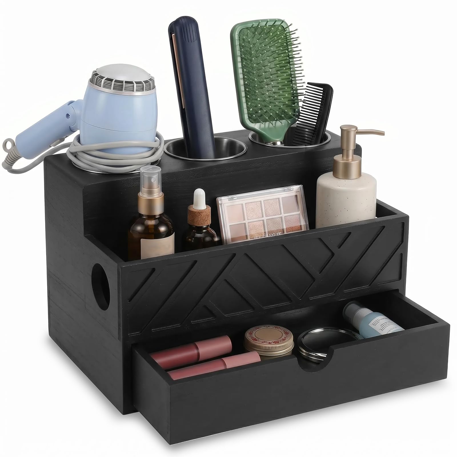 Bpyhebe Wooden Hair Tool Storage Organizer 2/3 Tier Hair Dryer Holder for Bathroom Counter Salon Styling Dressing Table Accessories(black-3 floors)