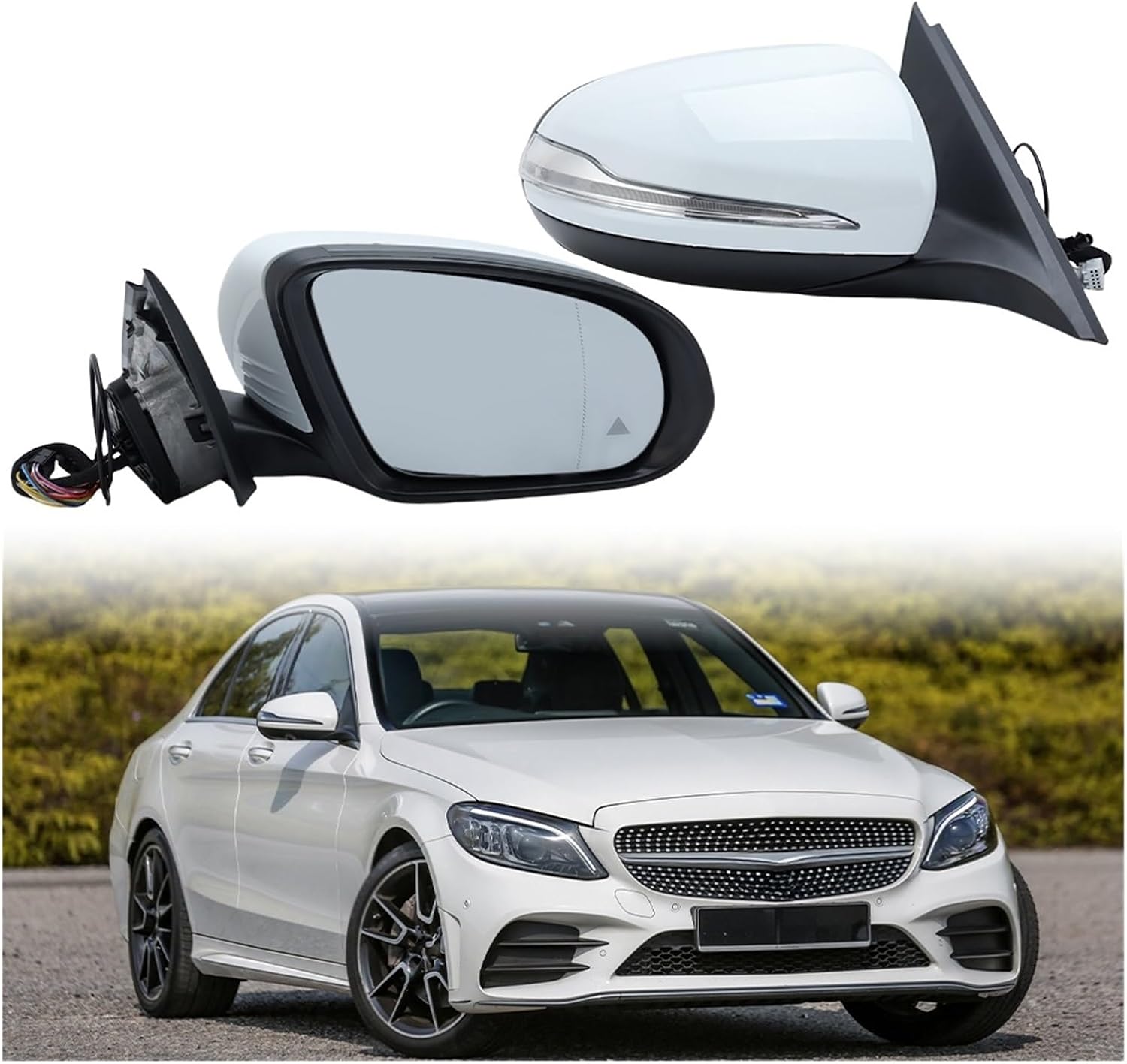 Side Rear View Mirror Compatible For Mercedes Benz C-Class W205 2015-2020 LHD Blind Spot White With Turn Signal Lights Fold(Left Side)