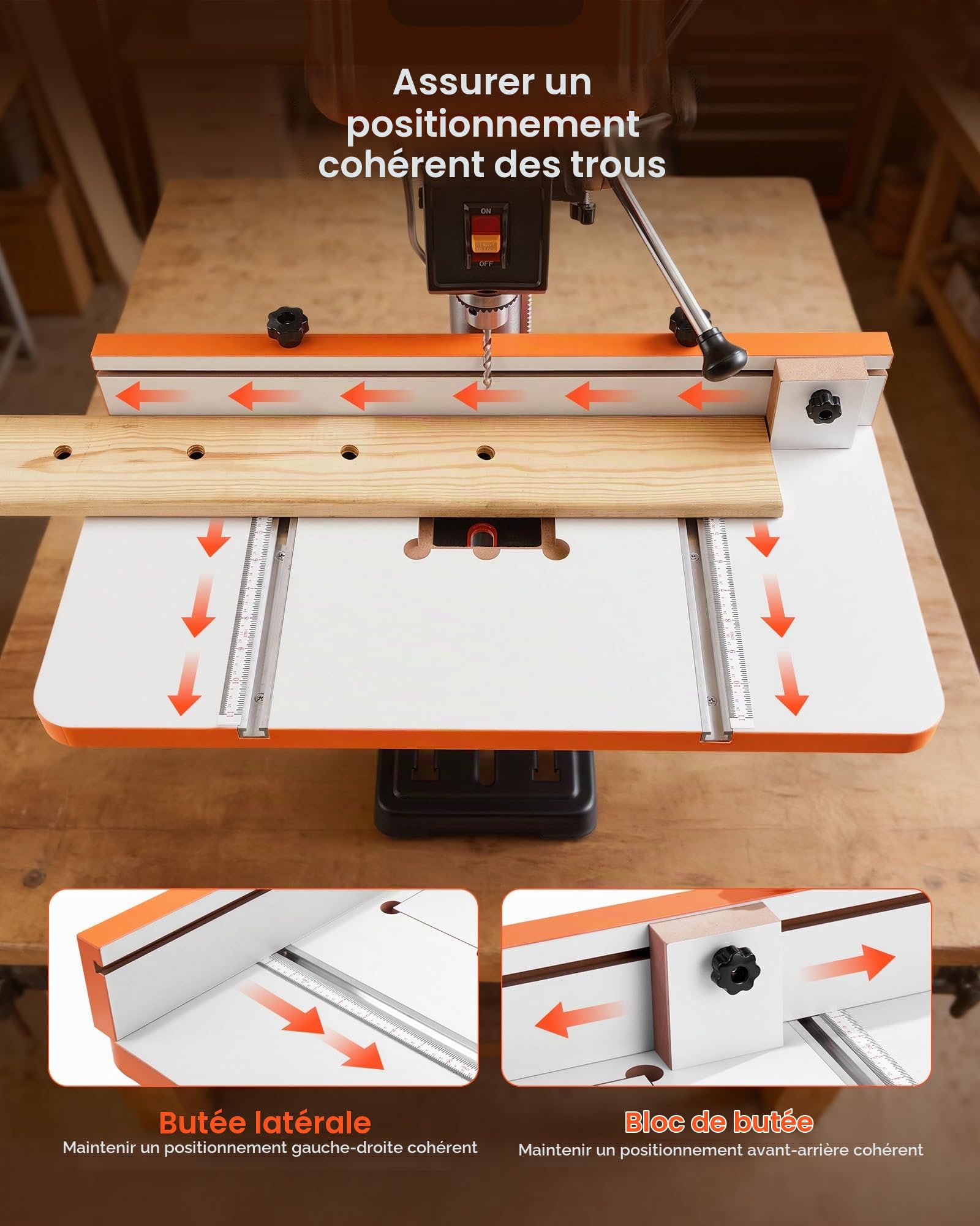 VEVOR Table pour Perceuse à Colonne 600x298 mm Table de Perçage pour Perceuses à Colonne, avec Butée et Guide Réglables, Rainures T Compatibles avec Divers Étaux Pinces, Plateau MDF, Échelle Intégrée