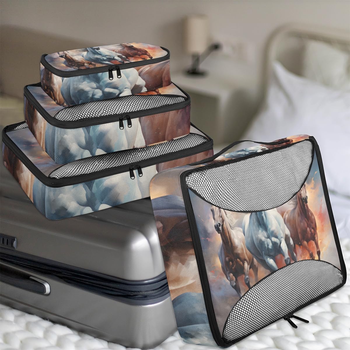 Group Of Horse Run Gallop In Sand 4 Set Packing Cubes Packing Cubes for Women Lightweight Travel Essential Bag Clothes Carry on Suitcase Bags for Accessories Essentials