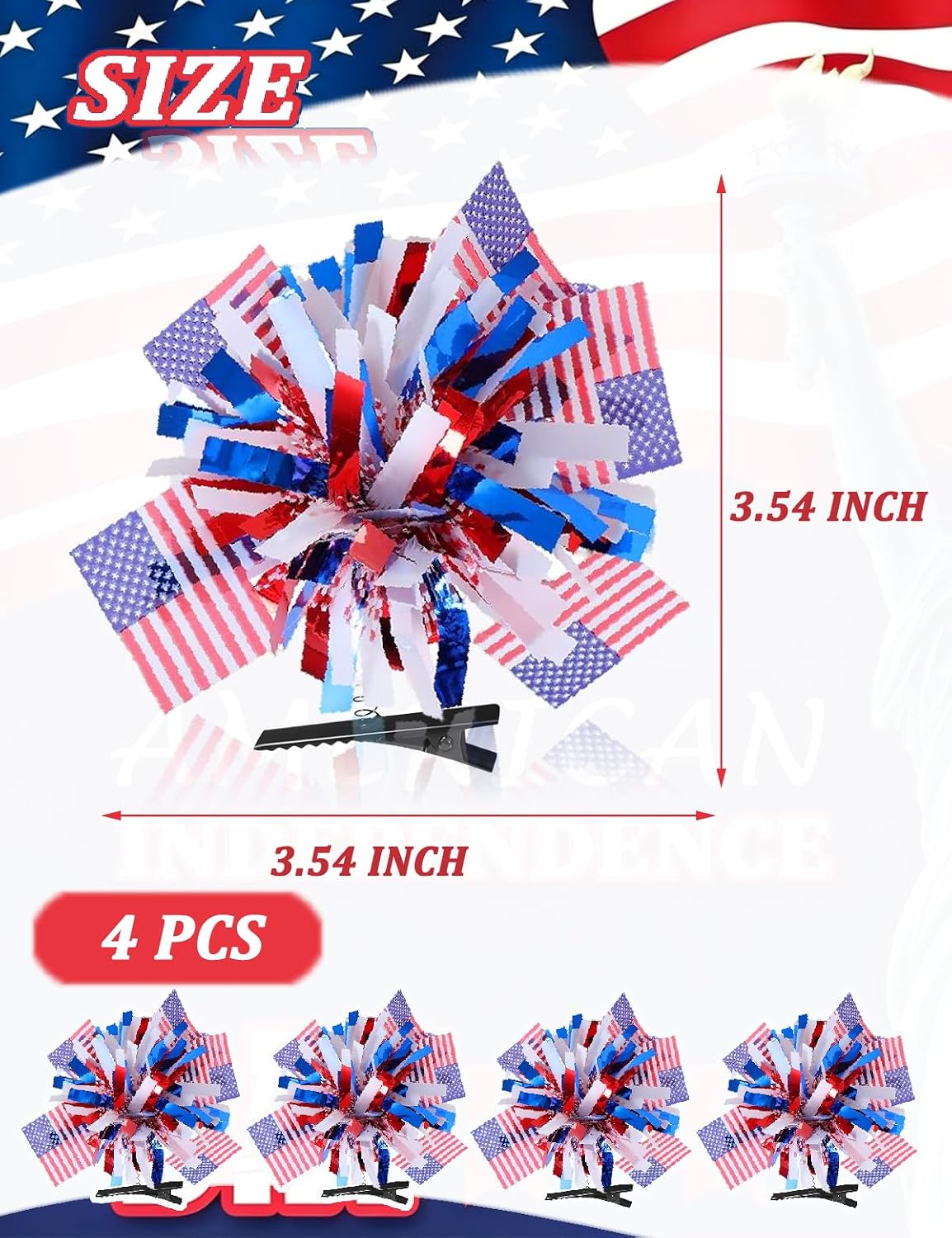 4th of July American Flag Hair Clips 4 Pcs Red White and Blue Cheer Hairpin Patriotic accessories Set for Woman Parade Halloween Party (4th of July) image 2