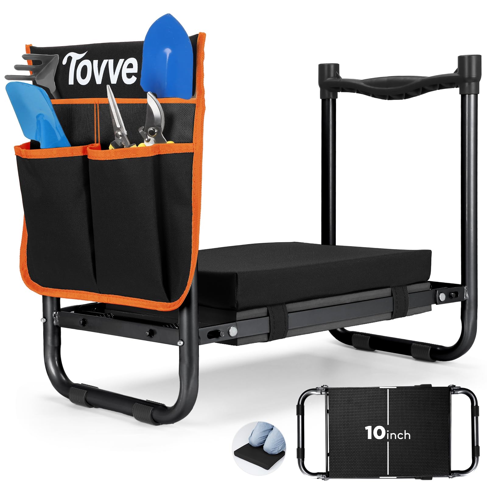 Tovve Foldable Garden Kneeler and Seat, Heavy Duty Garden Stool with 10" Wide Detachable Kneeling Pad, Portable Garden Bench Chair with Large Garden Tool Bag, Gardening Gifts for Women, Seniors, Mom