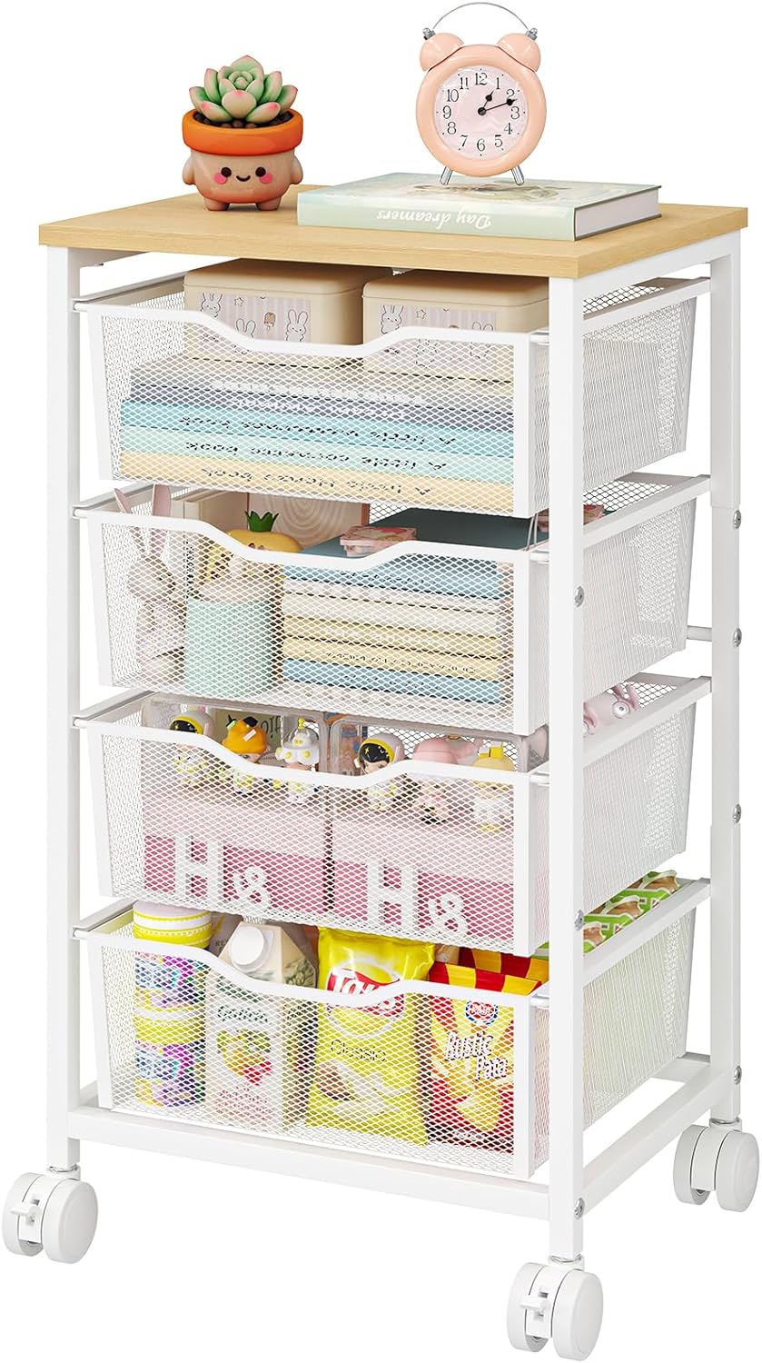 Utility Cart with 4 Drawers, Rolling Storage Cart, Metal Rolling Drawer Cart with Lockable Wheels and Wooden Tabletop, Craft Storage Art Cart for Living Room, Bedroom, Classroom, Office, White
