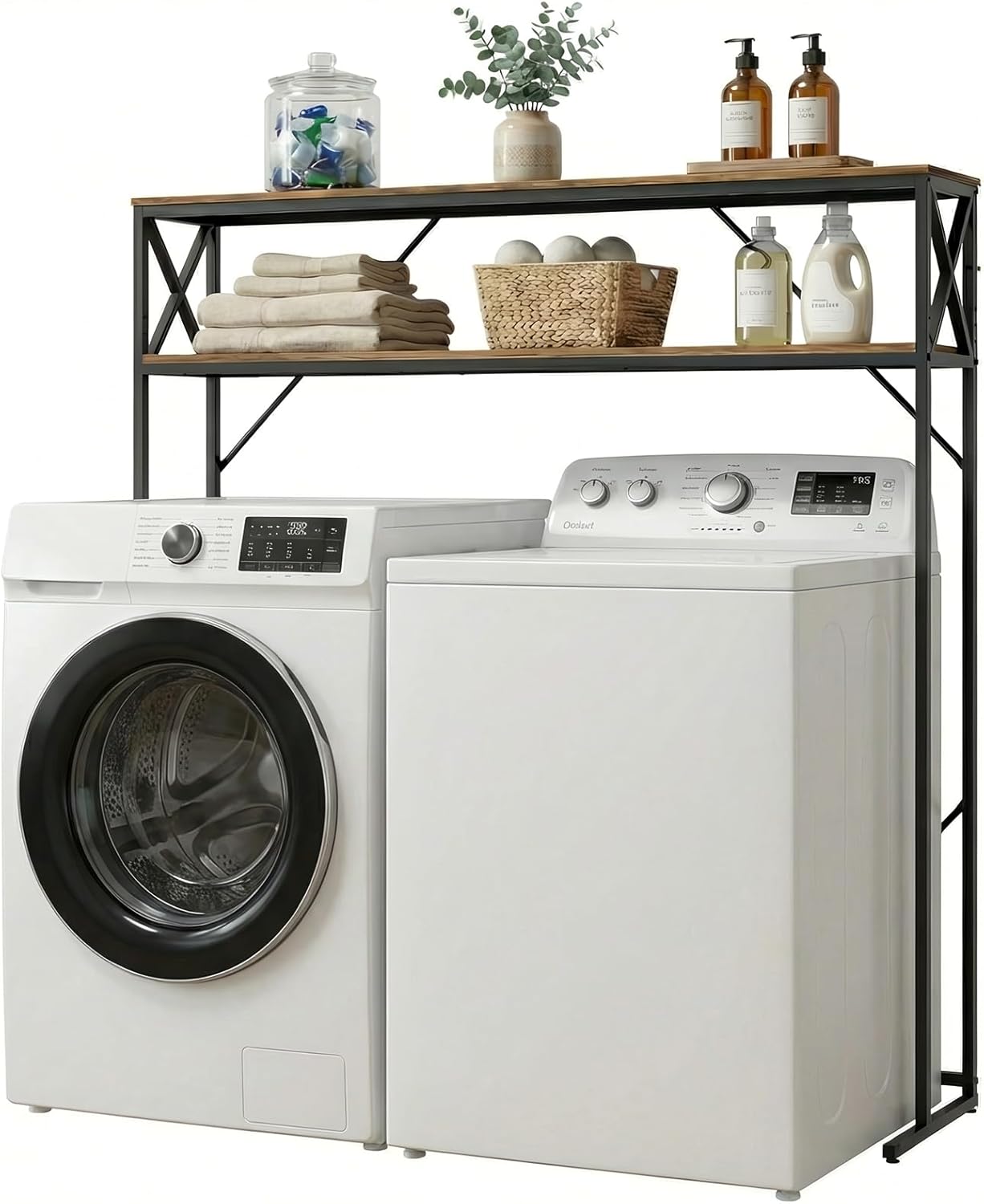 Laundry Over The Washer and Dryer Storage Shelf, 2 Tiers Laundry Room Freestanding Shelf with Adjustable Shelves, Double Layer Organizer for Top Load and Front Load Washers Dryers