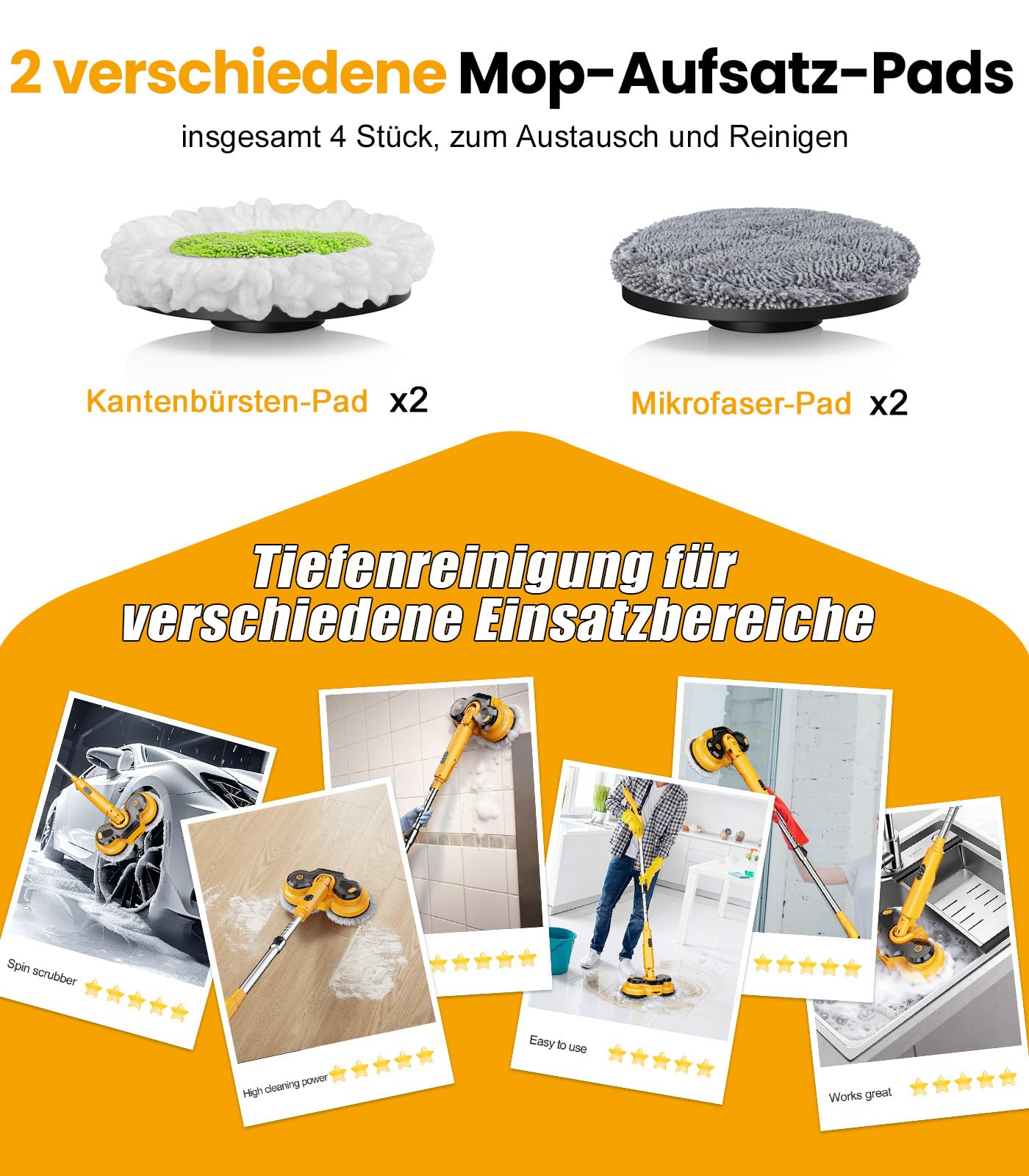 Qimedo Elektrischer Wischmopp 5000mAh, 800 U/min Kabellos Bodenwischer Elektrisch Mopp Rotierender Akku-Vibrationsmopp für Bodenreinigung mit Smart-Display, LED-Licht und Wassersprühfunktion
