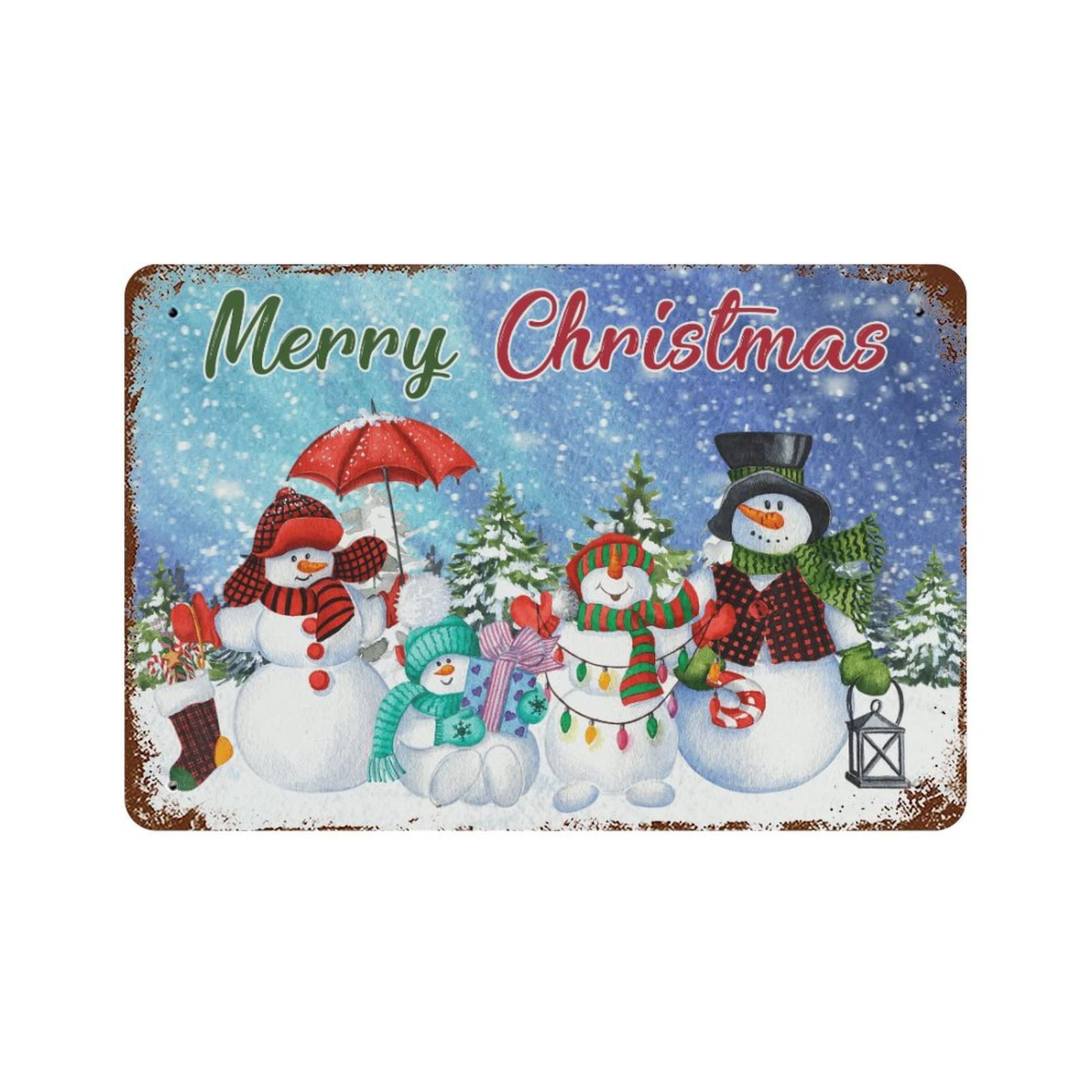 Plaque en métal Merry Christmas bonhomme de neige pancarte métallique déco Noël murale