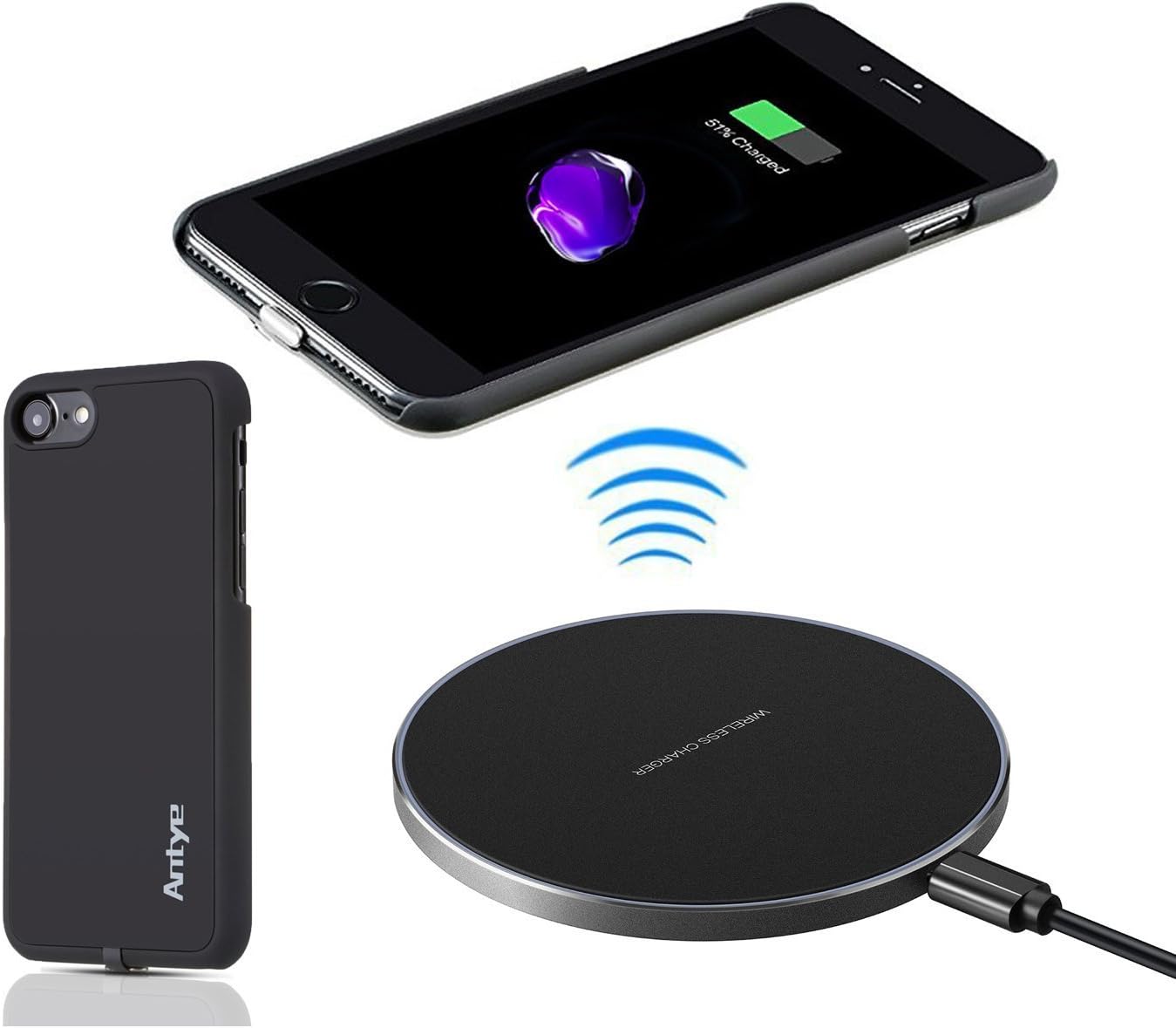 2-in-1 Qi Wireless Charger Kit for iPhone 7 Plus, Including Wireless Receiver Case (Detachable Connector) and Aluminum Inductive Charger Pad Dock (Black-Black)