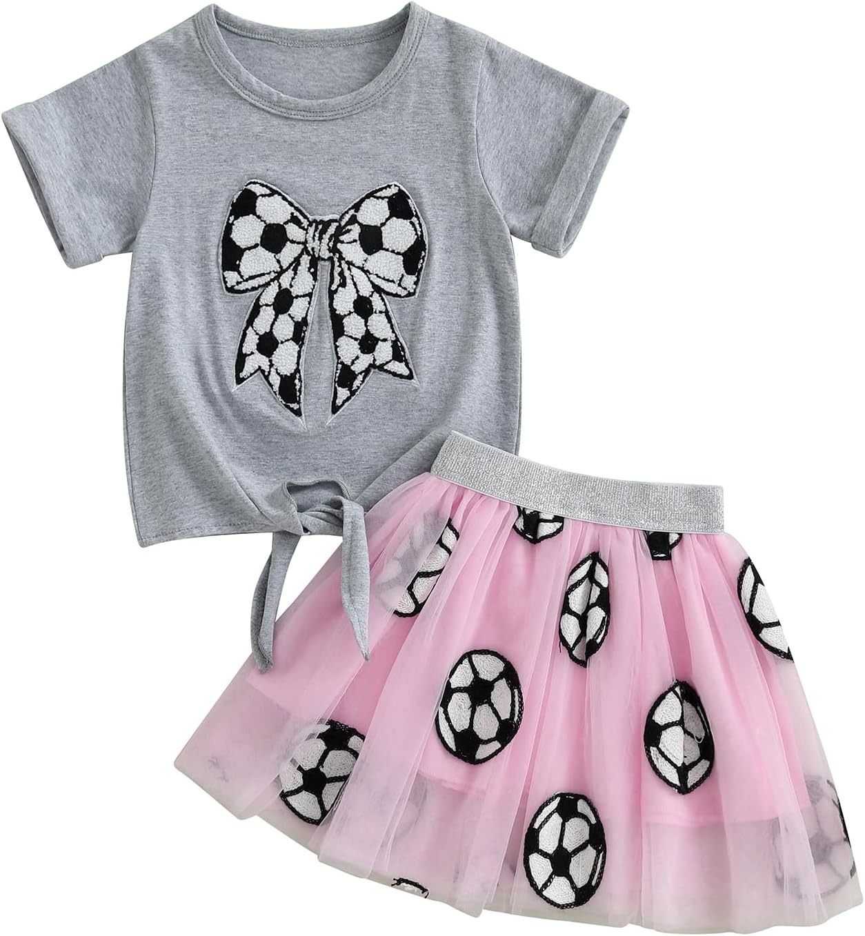 Kayotuas Toddler Girl Summer Clothes Baseball Outfit Fuzzy Baseball/Football Bow Embroidery T-shirt Tulle Skirt 2 Piece Sets