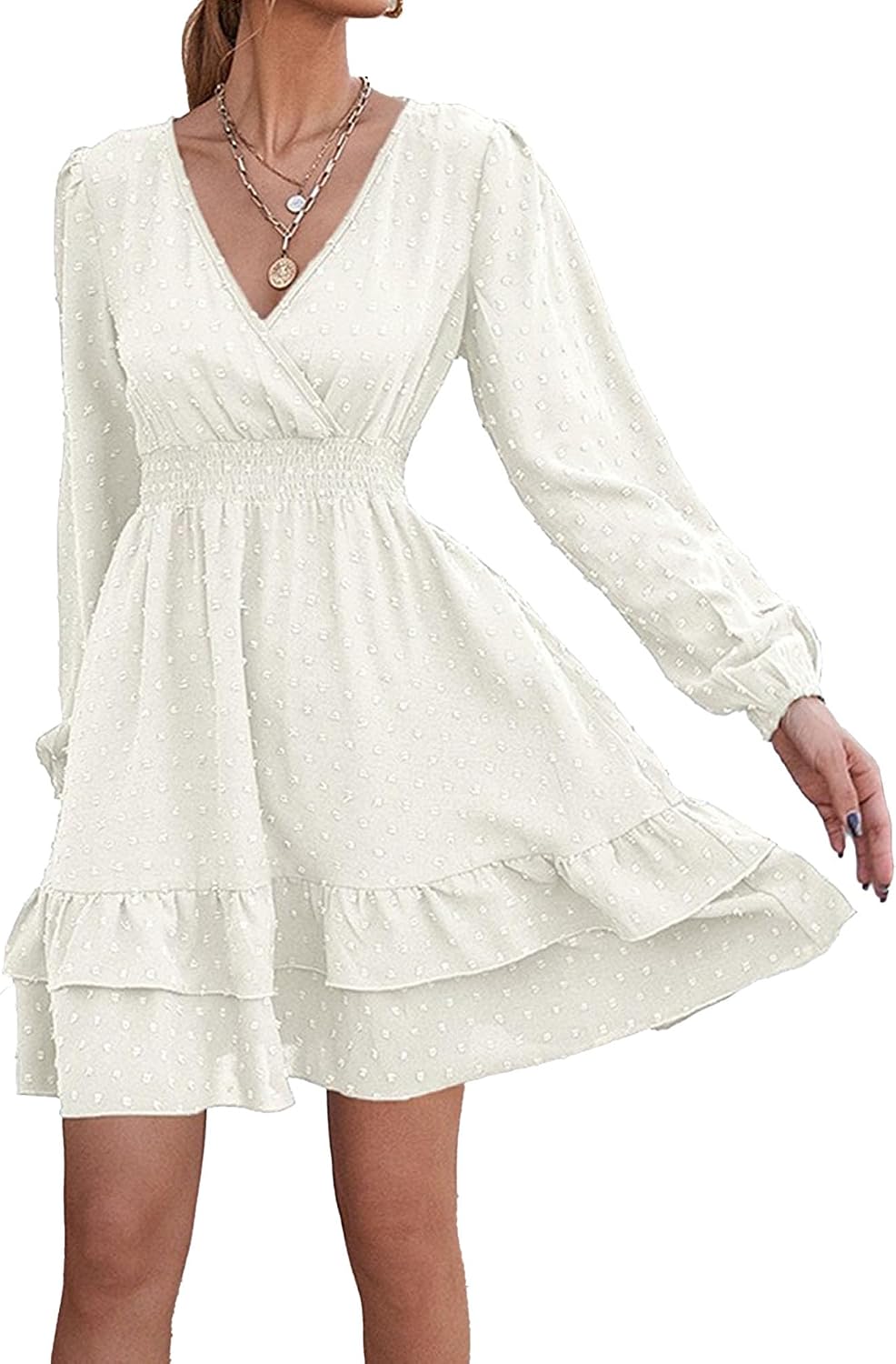 Women's Wrap V Neck Swing Ruffle Swiss Dots Dress Casual Long Sleeve Mini Dress Loose A Line Tiered Flowy Dress