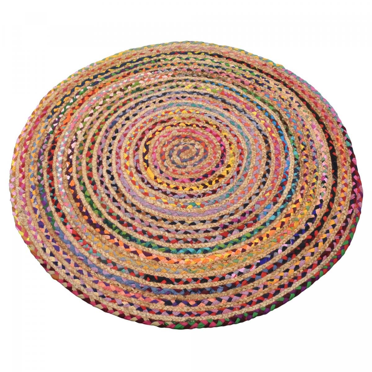 IMPALO UnAmourDeTapis Tapis Rond, Ø 80 Cm, Jute Naturelle, Motif Spirale Tressée Kilim Artisanal, Rouge, Jaune, Crème, Forme Circulaire Élégante pour Entrée, 13803