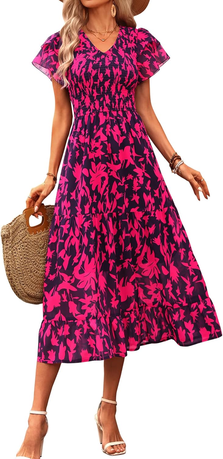 BTFBM Women Casual Summer Short Ruffles Tiered Sleeve Smocked Midi Dresses Bohemian Floral V Neck Wedding Guest Long Dresses