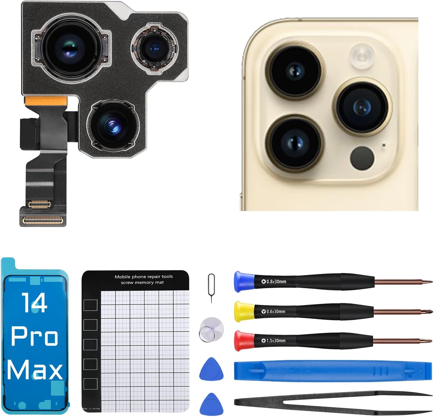 for iPhone 14 Pro Max Rear Camera Replacement for iPhone 14promax 48MP Main Back Camera Replace Full Repair Tools Kit with Magnetic Pad Screwdriver A2651 A2893 A2894 A2895 A2896
