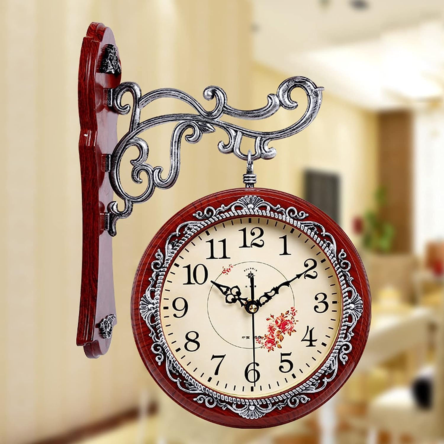 Zegar ścienny, inspirowany stylem vintage dwustronny wiszący zegar ścienny - 40 cm dworzec kolejowy okrągły zegar z bocznym uchwytem ściennym przewijanym - obrót o 360 stopni