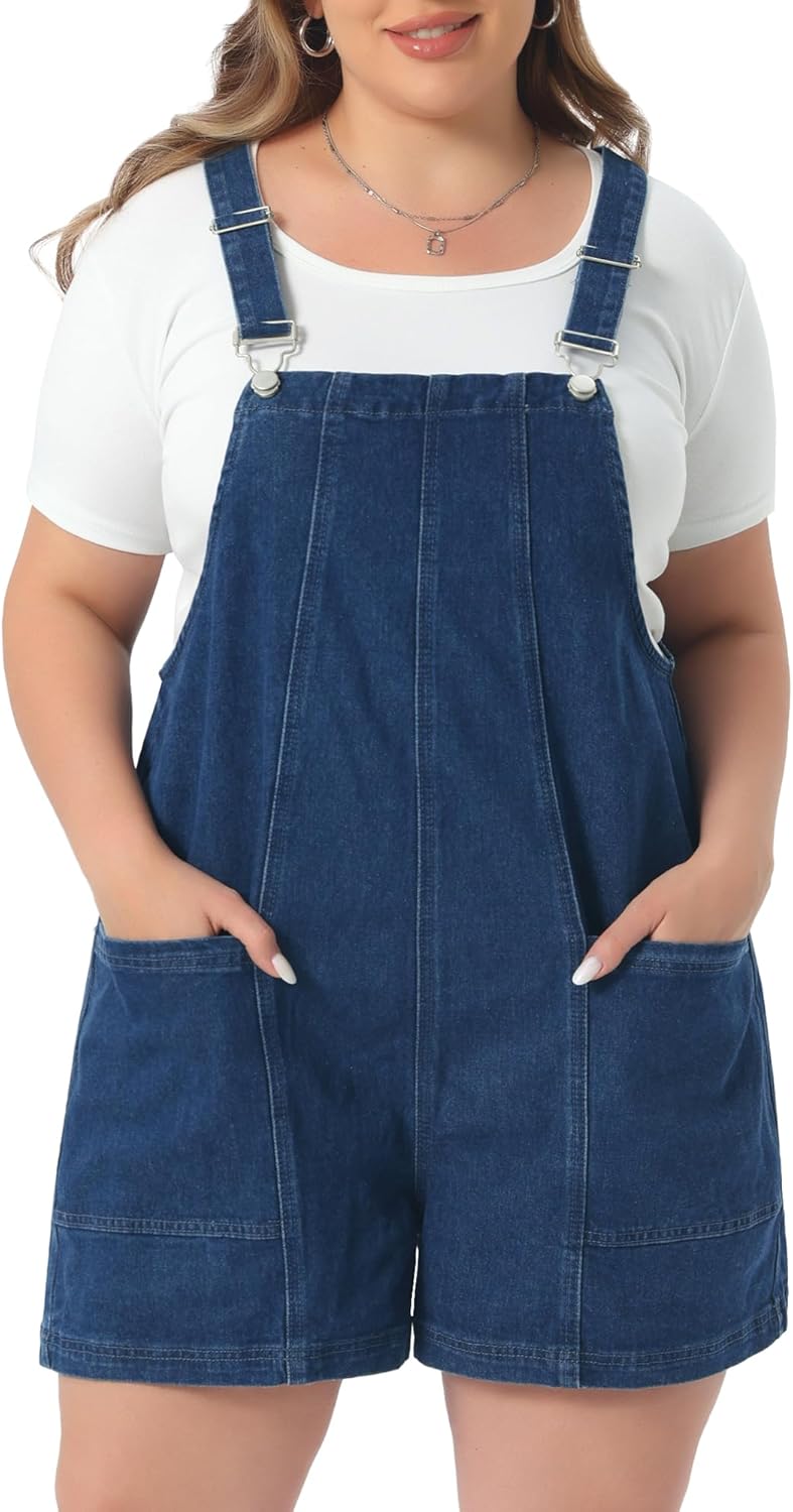 Agnes Orinda Plus Size Denim Overall Shorts for Women Adjustable Straps with Pocket Jumpsuit Jean Overalls Shorts