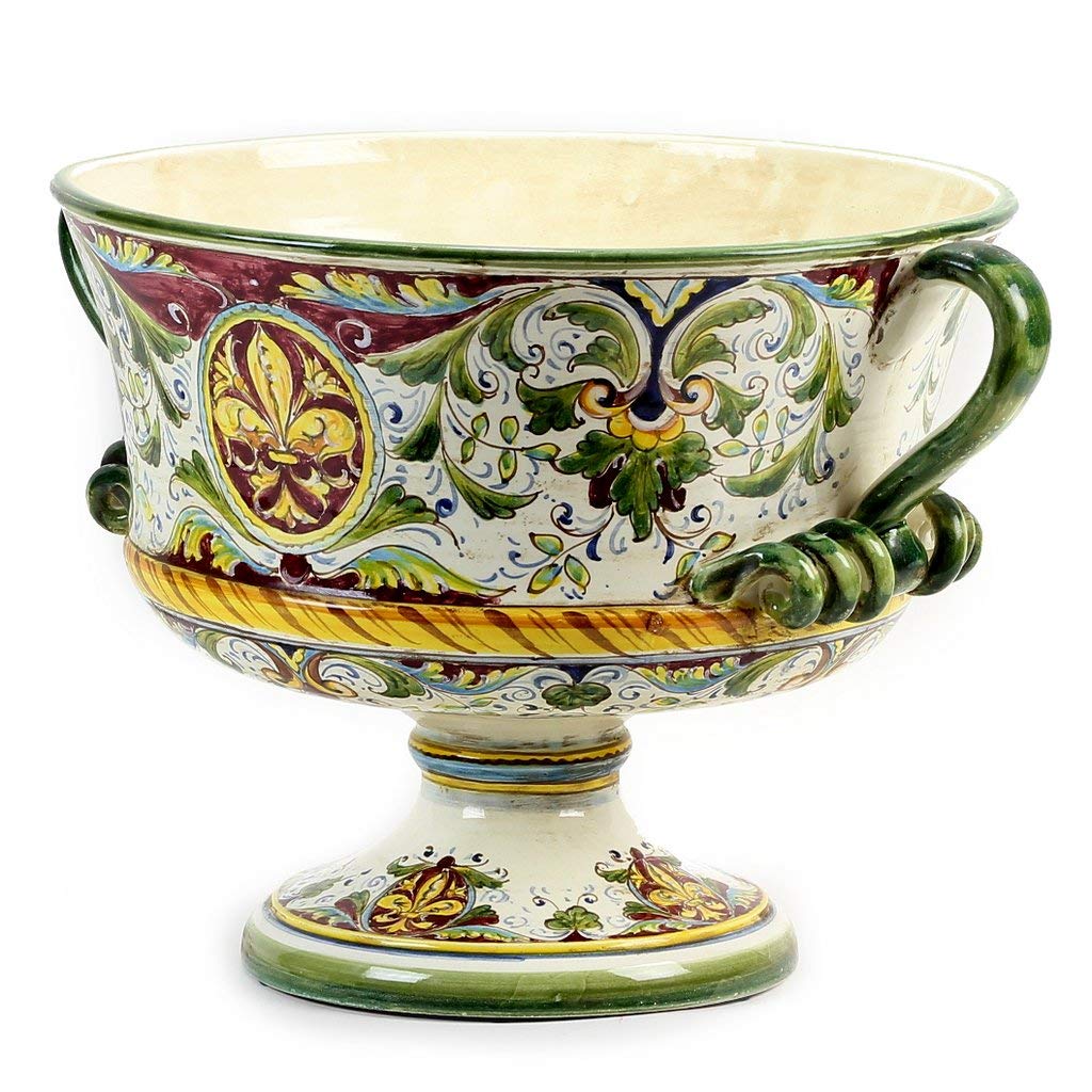 MAJOLICA MEDICI: Large Footed Round Bowl with two handles [0348/F-MDC] - Authentic hand painted in Italy. Original design. Shipped from the USA with Certificate of Authenticity.
