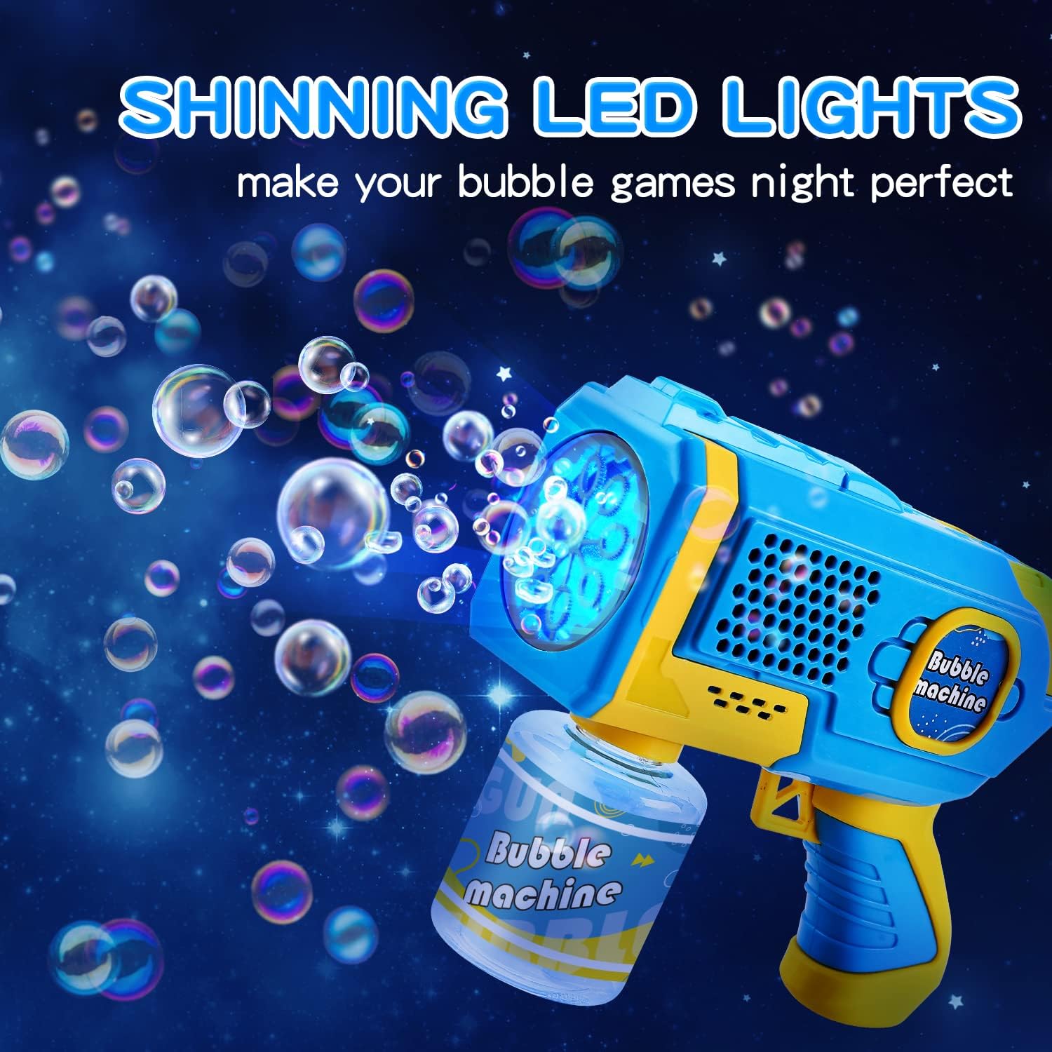 EagleStone 2 Bubble Guns Machine for Toddlers, 8 Hole Light Up Bubble Maker with 4 Refill Solution for Kids, Automatic Bubble Blower for Bubble Blaster Summer Outdoor Toys (Pink,Blue)