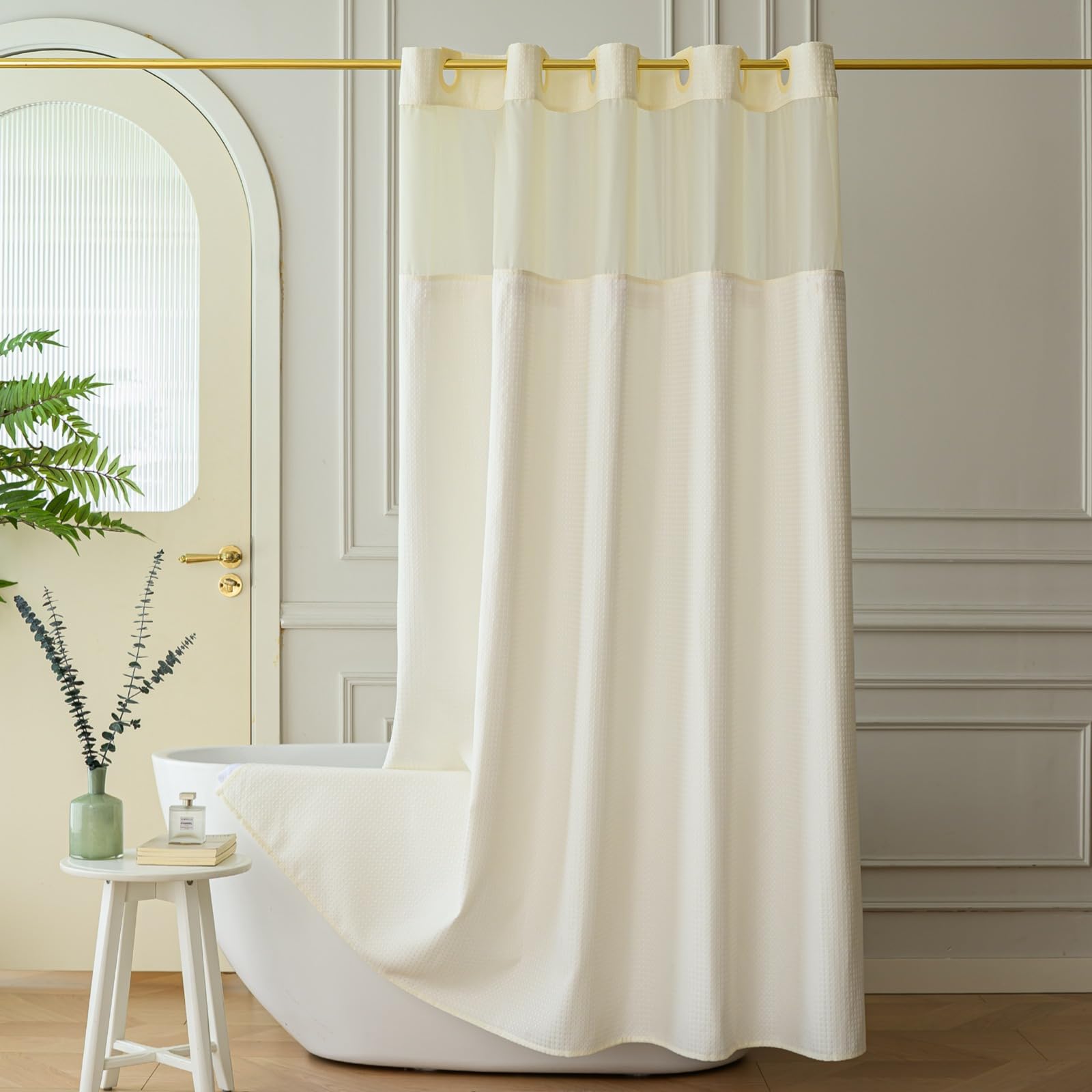 Yofori Hookless Shower Curtain with Snap in Fabric Liner Set, Waffle Shower Curtain with See Through Top Window Wet Room Shower Curtains for Bathroom, Beige, 183x183cm