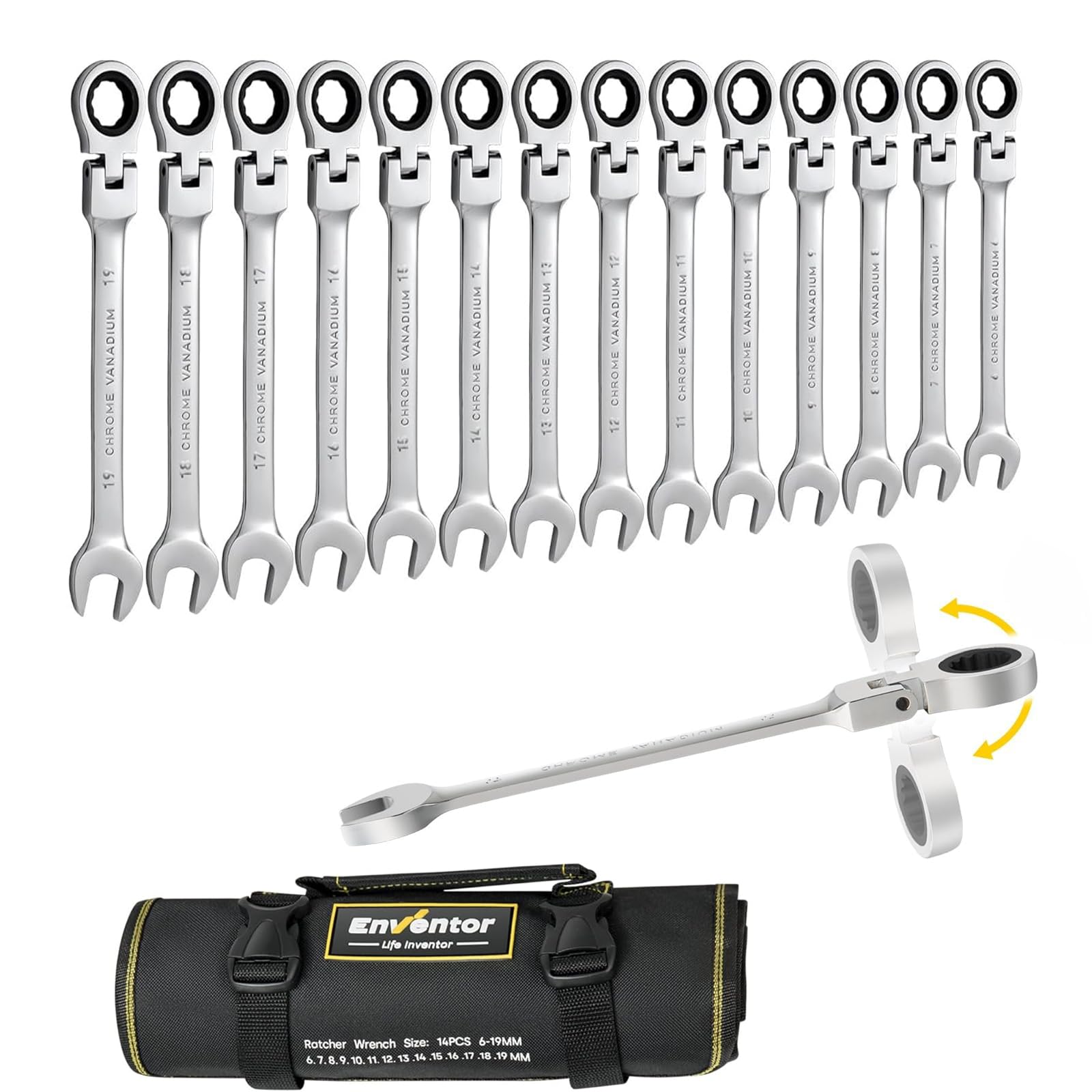 Enventor 14 Pieces Ratcheting Wrench Set, Metric 6-19mm, 180° Flex Head, CR-V Steel, 72-Teeth, 12-Point Combination Ratchet Wrenches Set with Rolling
