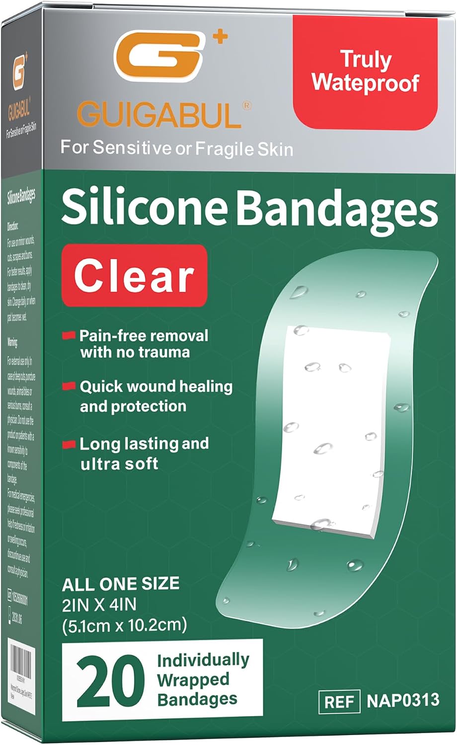 Clear Waterproof Silicone Bandages for Sensitive, 2"x4" 20 Ct