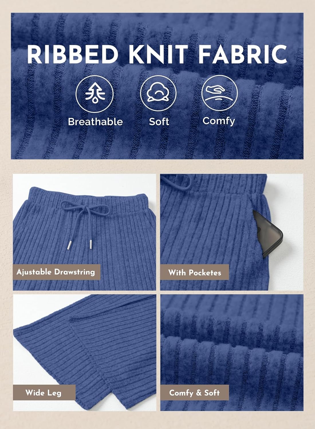 Aleumdr Womens Ribbed Wide Leg Lounge Pants with Pockets Casual Relaxed Comfy Loose Soft Knit Pajama Pants with Drawstring - Image 5