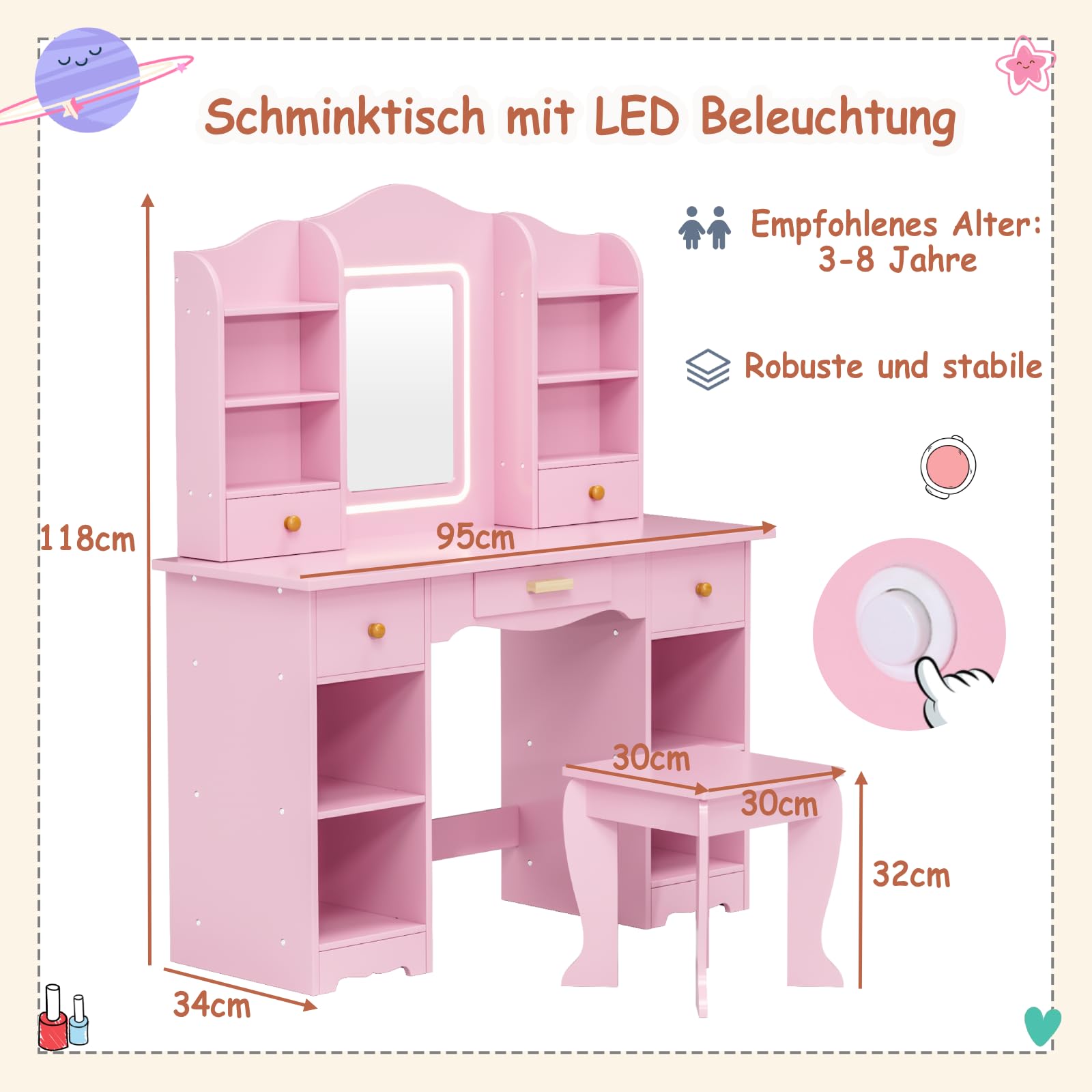 MAMIZO Coiffeuse pour Enfants avec Miroir LED, Coiffeuse pour Fille avec Tabouret, Table de Maquillage Fille avec 5 Tiroirs et 10 Compartiments de Rangement, 95x34x118cm, Bureau pour Enfant (Rose)