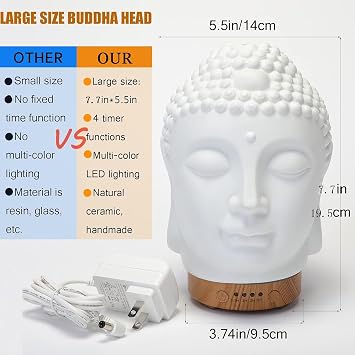 Buddha Essential Oil Diffuser - Aromatherapy Diffusers for Essential Oils - White Ceramic Diffuser Buddha Head Humidifier with 4 Timer & 7 Color Night Light Settings and Auto Off Function