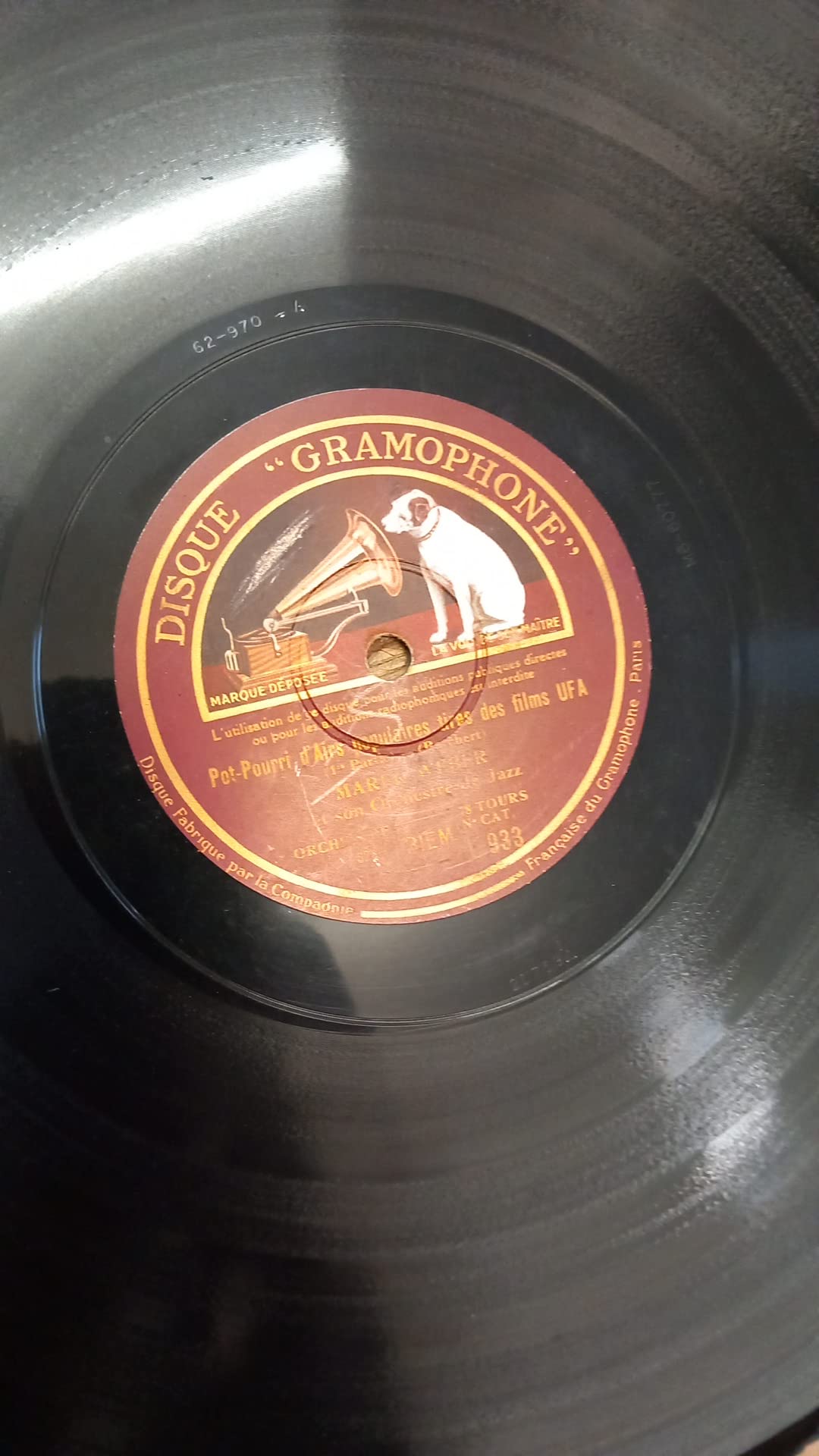 Marek Weber et son orchestre de Jazz Pot pourri d'airs populaires tirés des films UFA - 78 tours disque gramophone